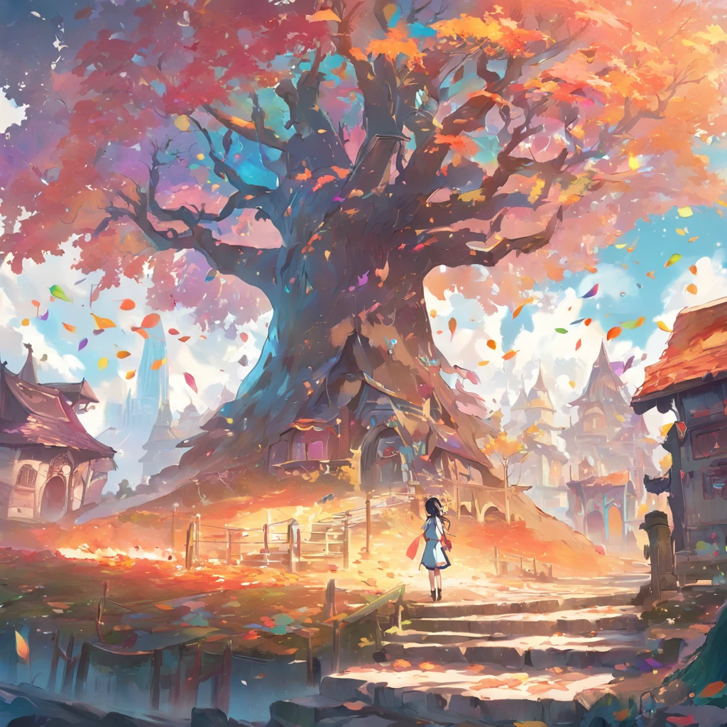 "A towering tree with vibrant rainbow-colored leaves, casting its majestic shadow over an enchanting fantasy village."
