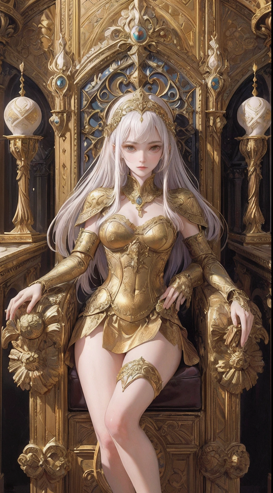full body shot, masterpiece, best quality, (photorealistic:1.4), a photo of a beautiful blonde woman, wearing gold alienzkin clothing, gold alienzkin crown, futuristic throne,