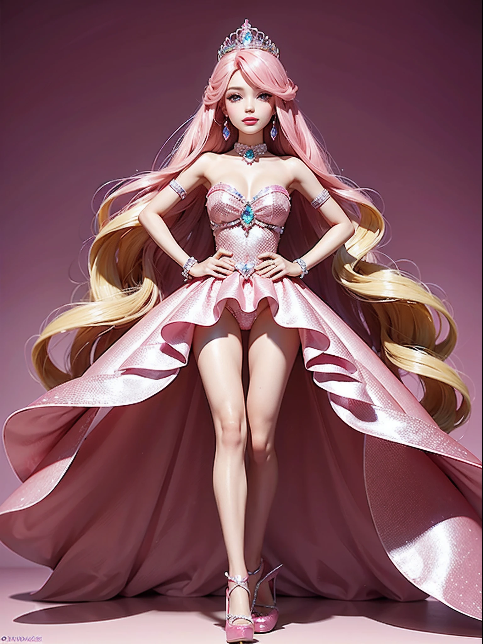 (Barbie pink background)),barbiecore,A princess,cabellos largos dorados,delicated face,Kizi,full bodyesbian,Crystal shoes