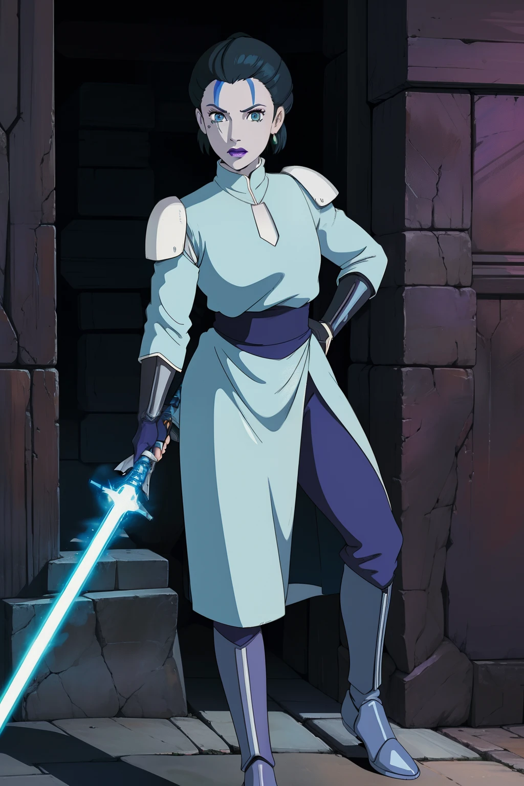 Female, black hair, tomboyish hair, white skin, blue eyes, light armor, jedi sleeved top, Jedi tights, footwear, gloves, earrings, purple eyeliner, black lipstick, green lightsaber sword, Old republic, 5000 bby, face paint