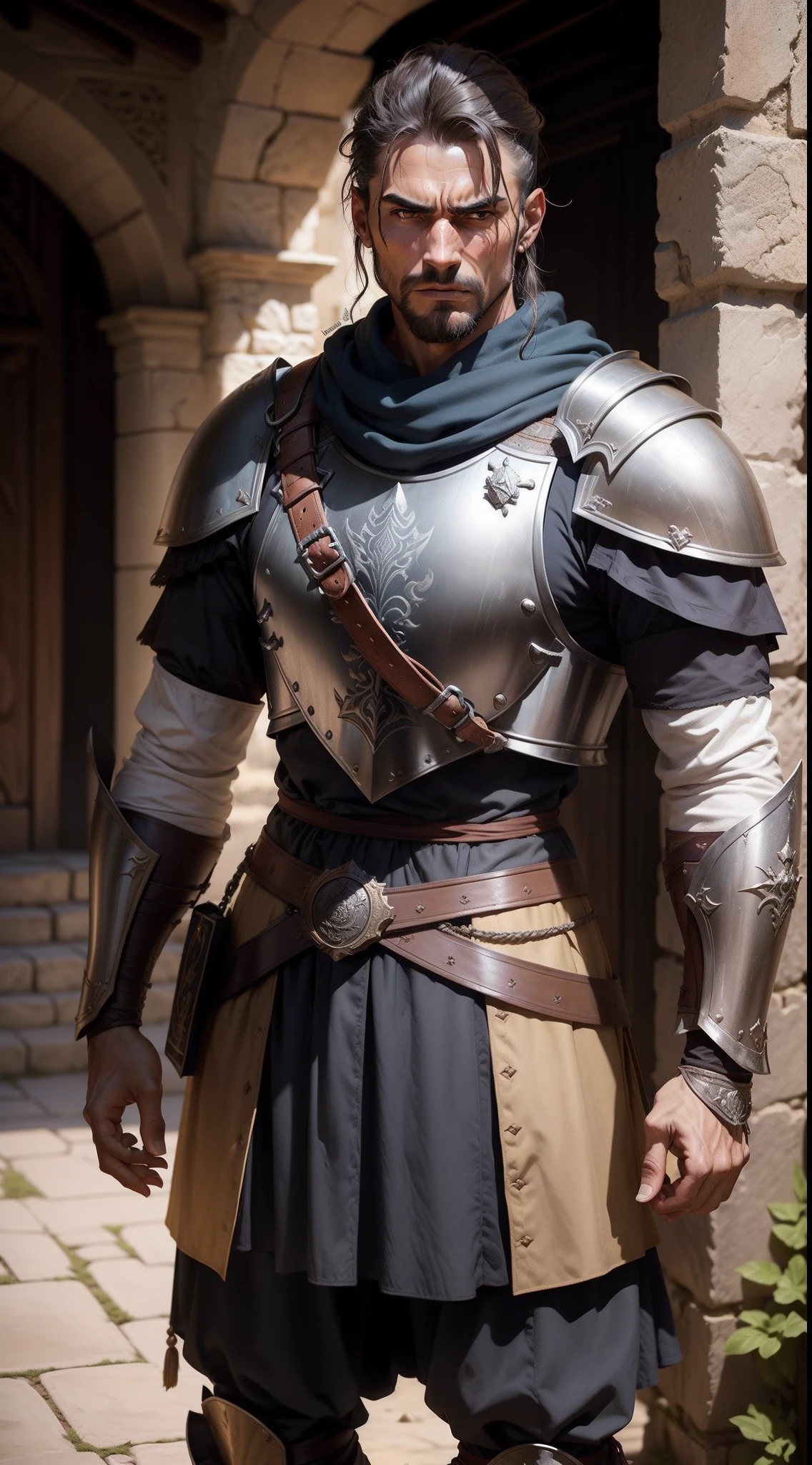 Garcia de Sousa, warrior clothes, very weathered and very brokened armor and clothes, strong, muscular and sporty, tall and great body like a statue, crestless, lowborn, brave, firm, willing to forward, keen, brave, daring, Portuguese cuirass breastPLATE armor christian style clothes, cheap and modest and simple clothes, 15th century, background is warfield, medieval, background is Arabian citadel & wall & tower, age of exploration, age of 38, darkish portuguese skinprepared, sacrificial, angry, shouting, charging, dedicate,