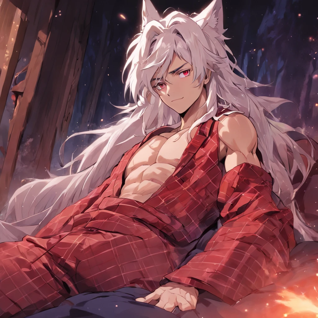 By bebebebebe, by spuydjeks, by buta99, by spikedmauler. muscular human male with long white hair, has wolf ears, has wolf tail, shirtless, wearing red plaid pajama pants, relaxing in bed