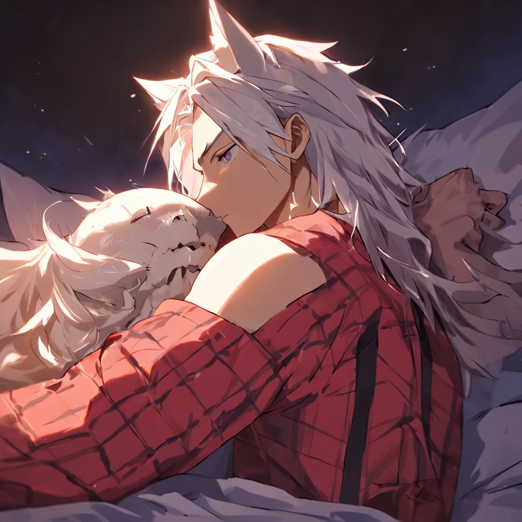 By bebebebebe, by spuydjeks, by buta99, by spikedmauler. muscular human male with long white hair, has wolf ears, has wolf tail, shirtless, wearing red plaid pajama pants, relaxing in bed, has blue eyes,