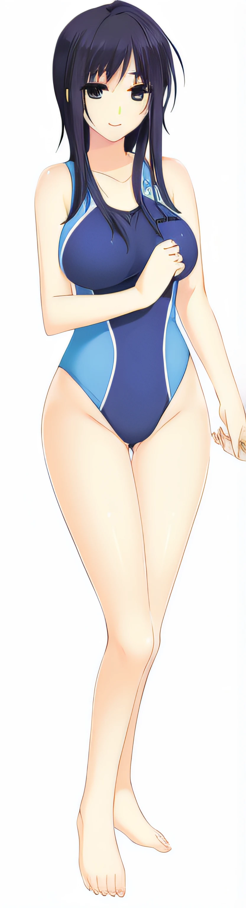 anime girl in a blue swimsuit with a black top, is wearing a swimsuit, swimsuit, realistic bikini, realistic shaded perfect body, oppai proportions, oppai, bottom body close up, asuka suit under clothes!, small curvy loli, perfectly shaded body, extra detailed body, full body portrait of a short!, thicc, photorealistic perfect body