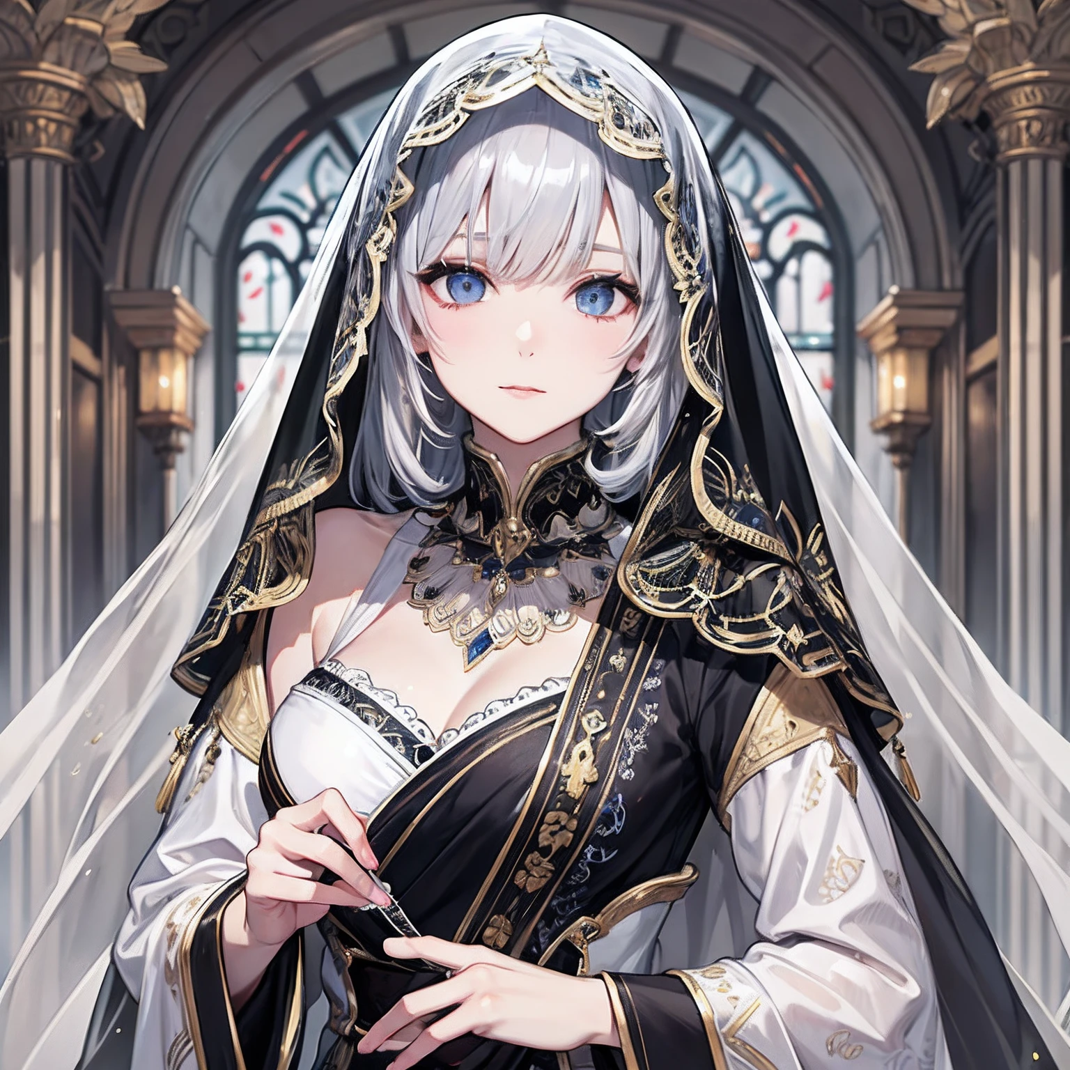 ​masterpiece、top-quality、hight resolution、High-quality images、8K、1womanl、detaileds、Detailed eye depiction、skin gloss、shiny very short white-silver hair,,,、Nomiya、portlate、Monochrome grayscale、Ancient fortune telling、The Mysterious Woman、Embroidered costumes、Ancient patterns、veils、Cover the lower half of the face with a veil、Very pale eye color