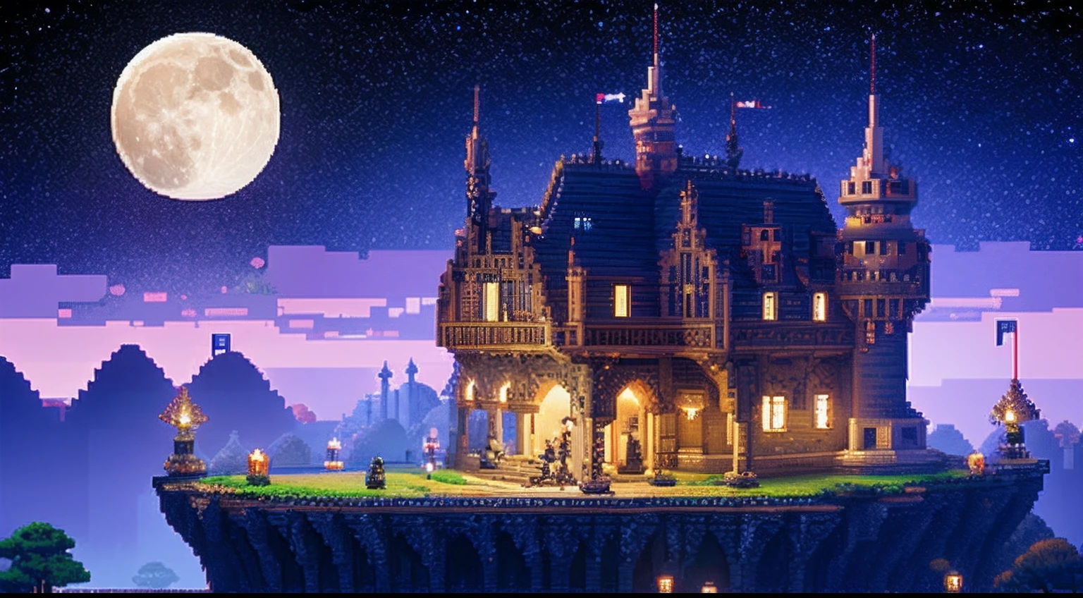 pixel game，scenography，fantastical scenes，Moon Night，Vampire Castle，levitating， Pixel art #pixelart