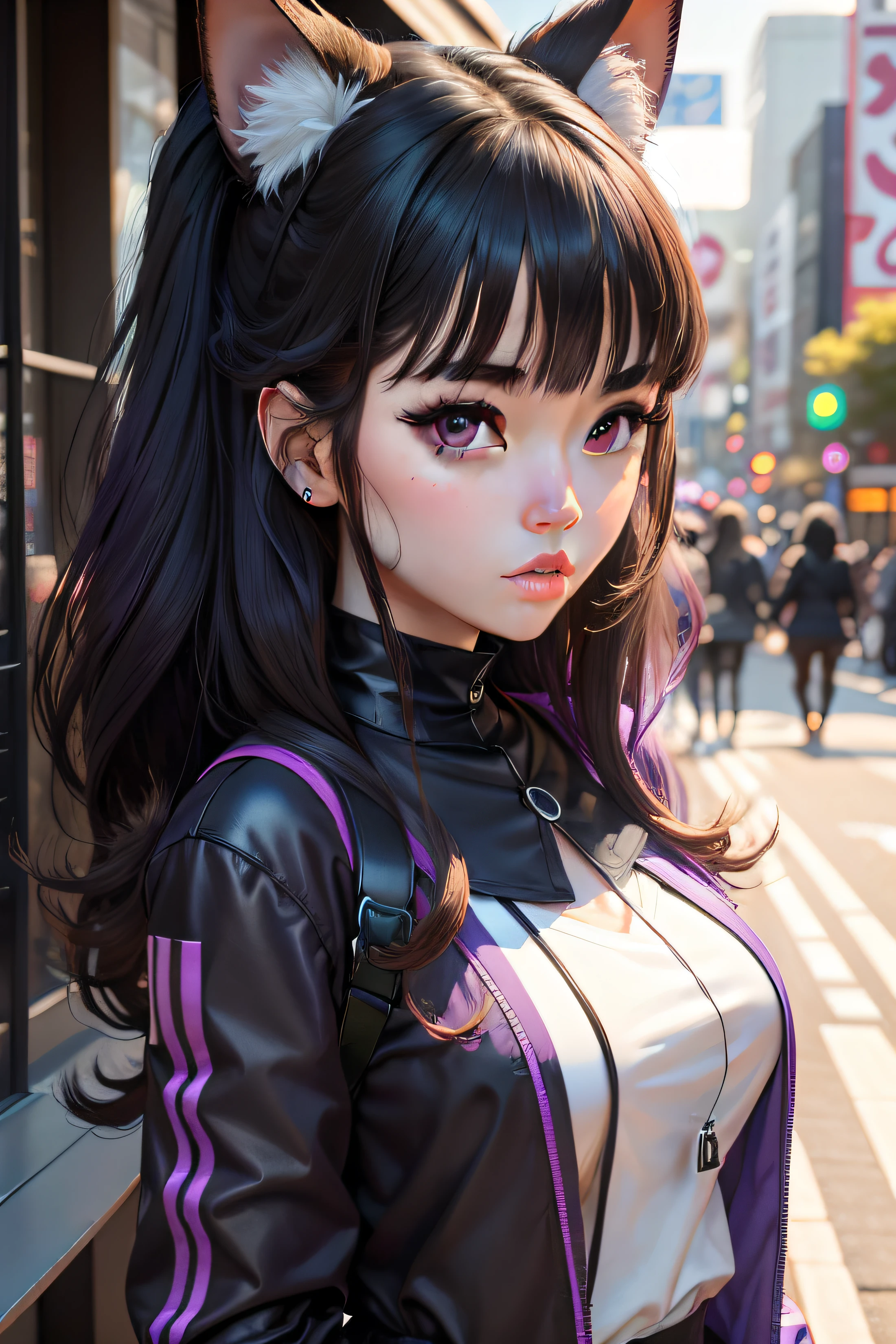 Girl,full bodyesbian,(Detailed face:1.2), Pure background,Masterpiece, Fashion,toyko,Harajuku,, Medium hair, Black hair, double tails, Blunt bangs, Purple eye,
