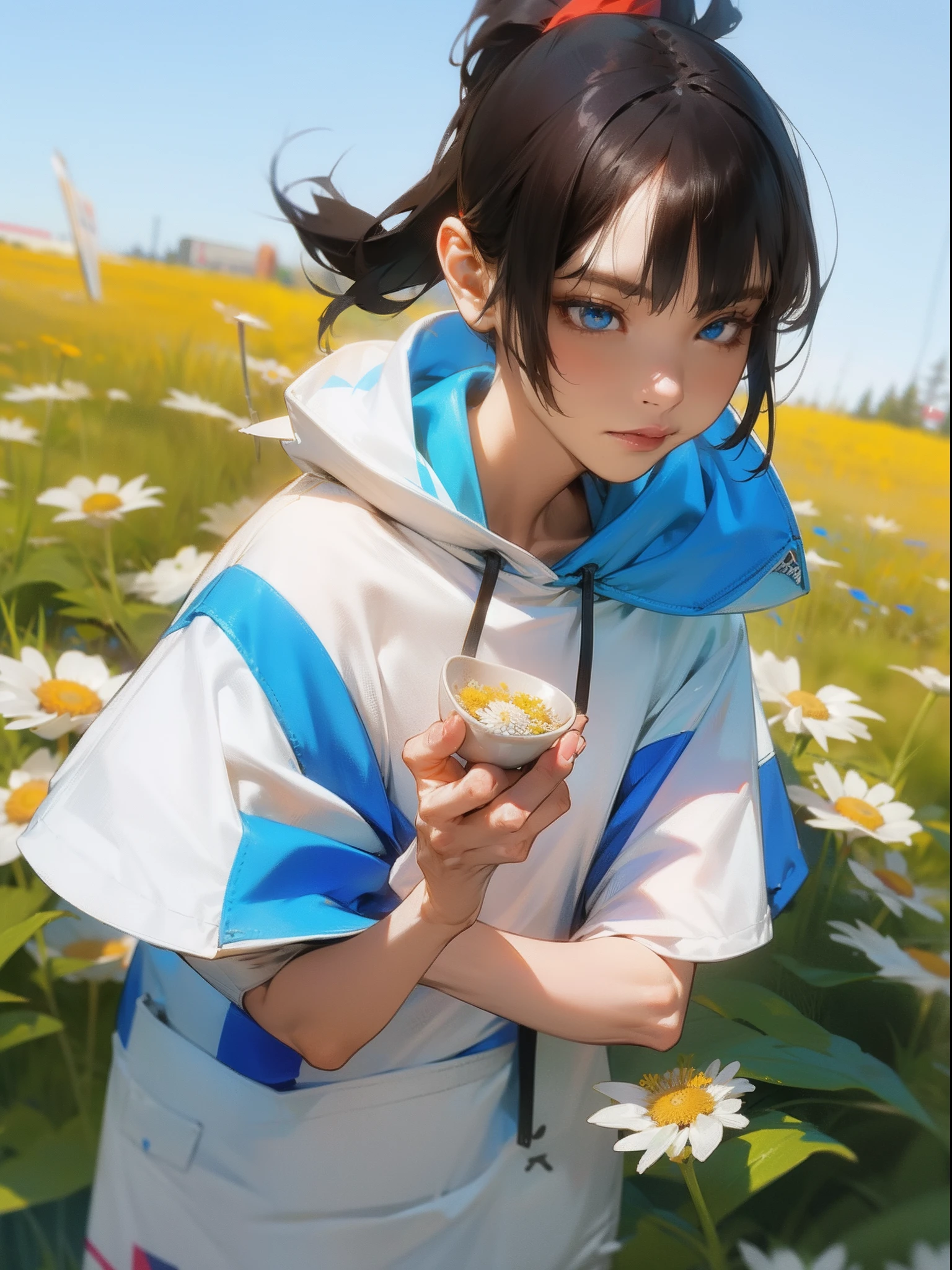Black hair, short hair, Bright blue eyes, asean face, flat expression, white skin, natural lip, realistic, short ponytail, White short sleeve hoodie, Chamomile field background, Holding chamomile, Evening background