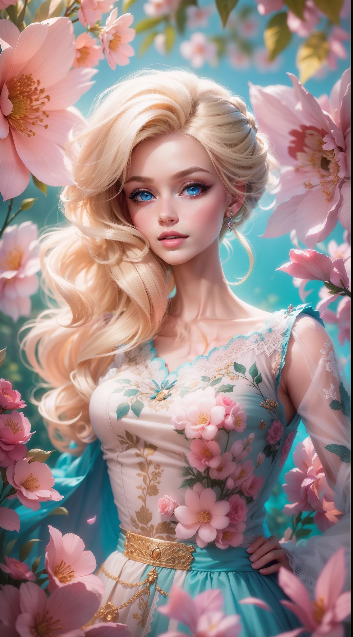 "Vibrant and captivating Barbie portrait with impeccable detail, Capture her elegance and charm in high-resolution CG artwork. Radiant hair,Flawless, The doll features stylish clothing, stunning blue eyes, Perfect style (Blonde hair:1.2). Soft lighting accentuates her beauty, And a flash adds a touch of magic. Set against a fantastic background,Full of pastel colors and delicate flowers, The composition creates a whimsical and captivating atmosphere.+"