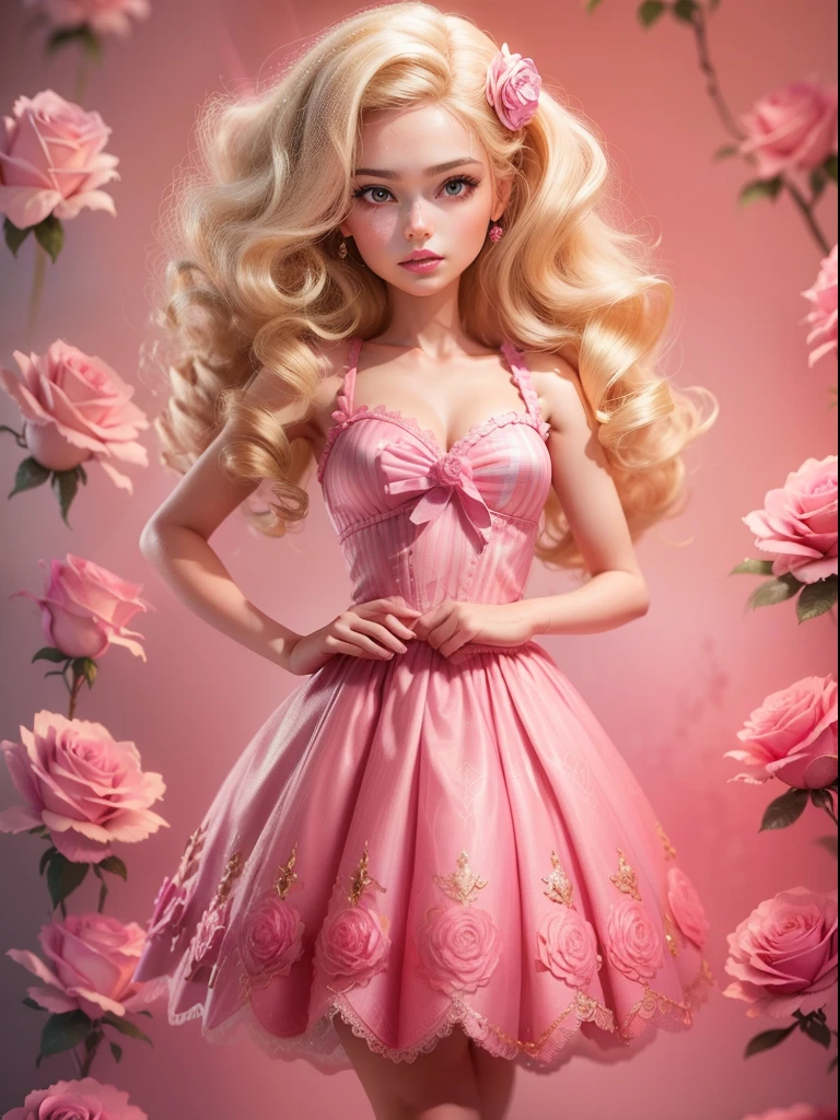 (Barbie toy style:1.2),(fully body photo),1 beautiful girl,Blonde wavy hair,Pink princess dress,High shoes,Pink rose background,(globalillumination,Ray traching,hdr,The rendering is not realistic,Rational design,high detal,tmasterpiece,best qualtiy,hyper HD,cinmatic lighting)