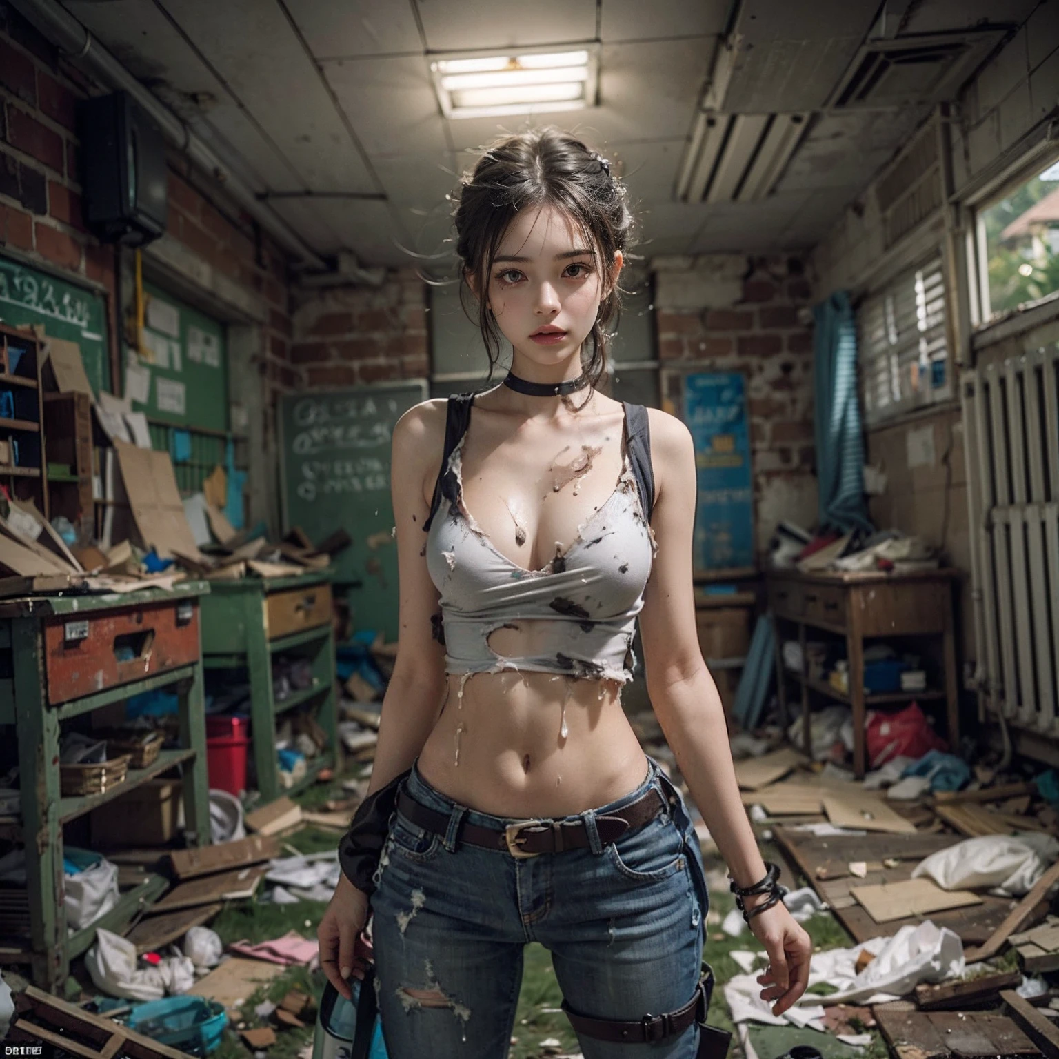 Abandoned schools，Devastated，Sexy standing pose，Exposing the genitals ，Garbage all over the ground，best qualtiy，full-body portraits（1：1），18 years old girls，lean and slender body，Skinny，Smaller bust，The barefoot，Leaky ，Leakage of all breasts，Naked all over the body，Resident Evil