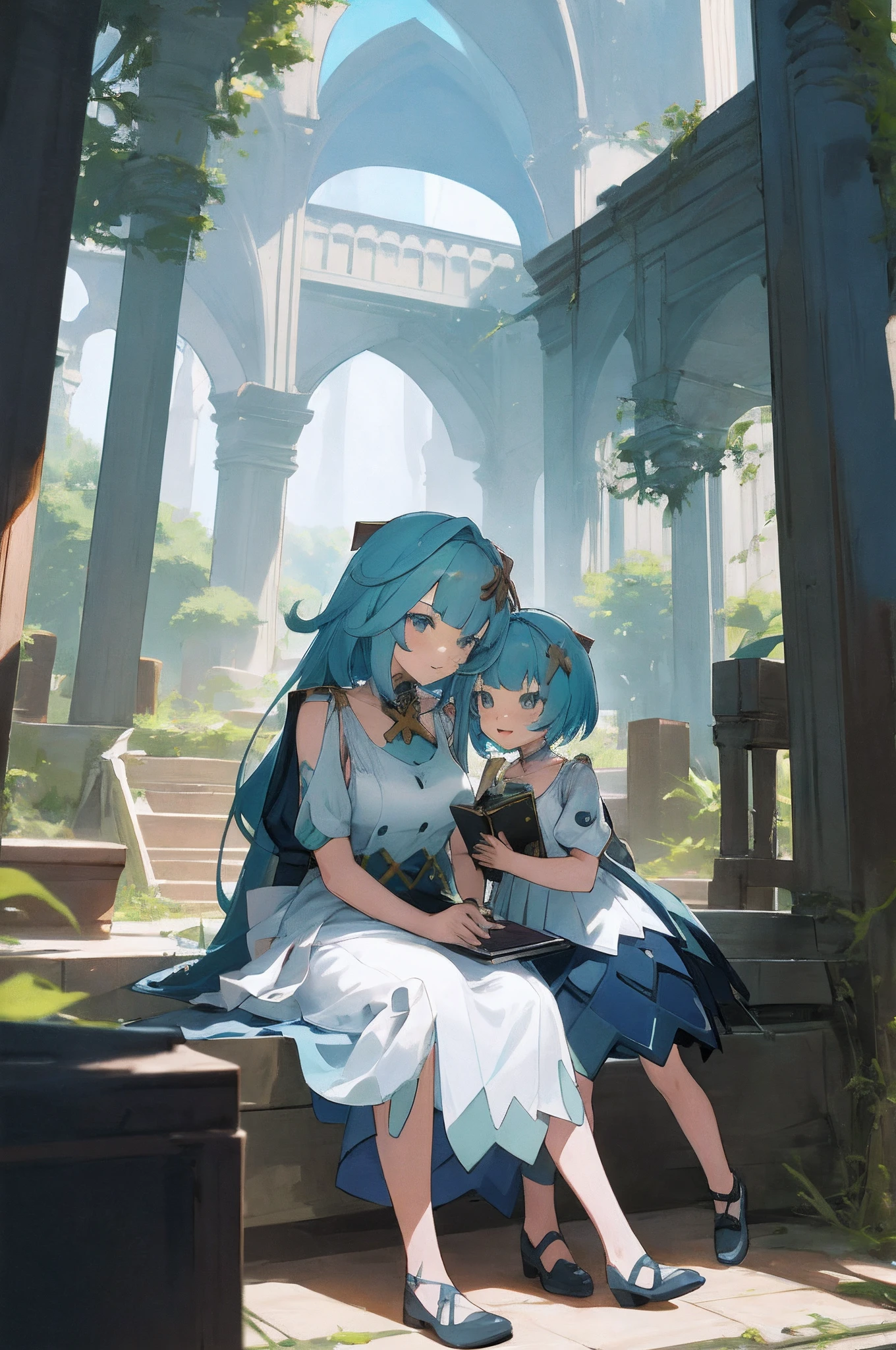 Anime images of two women in dresses,Pose for photos in summer that look like Arab lab outfits, Beautiful decoration on the dress, The palace maid is in the palace,Long hair, blue hair , double tails, Anime fantasy illustration, A scene from the《azur lane》videogame, Genshin, Faruzan detailed art, two beautiful anime girls, Mother and child, A symbol of maternal love, Mother and child, Such as mother and child photos, Smile, Sit in the middle of the forest, ruin, robotic machines, Machine, The book is on the side