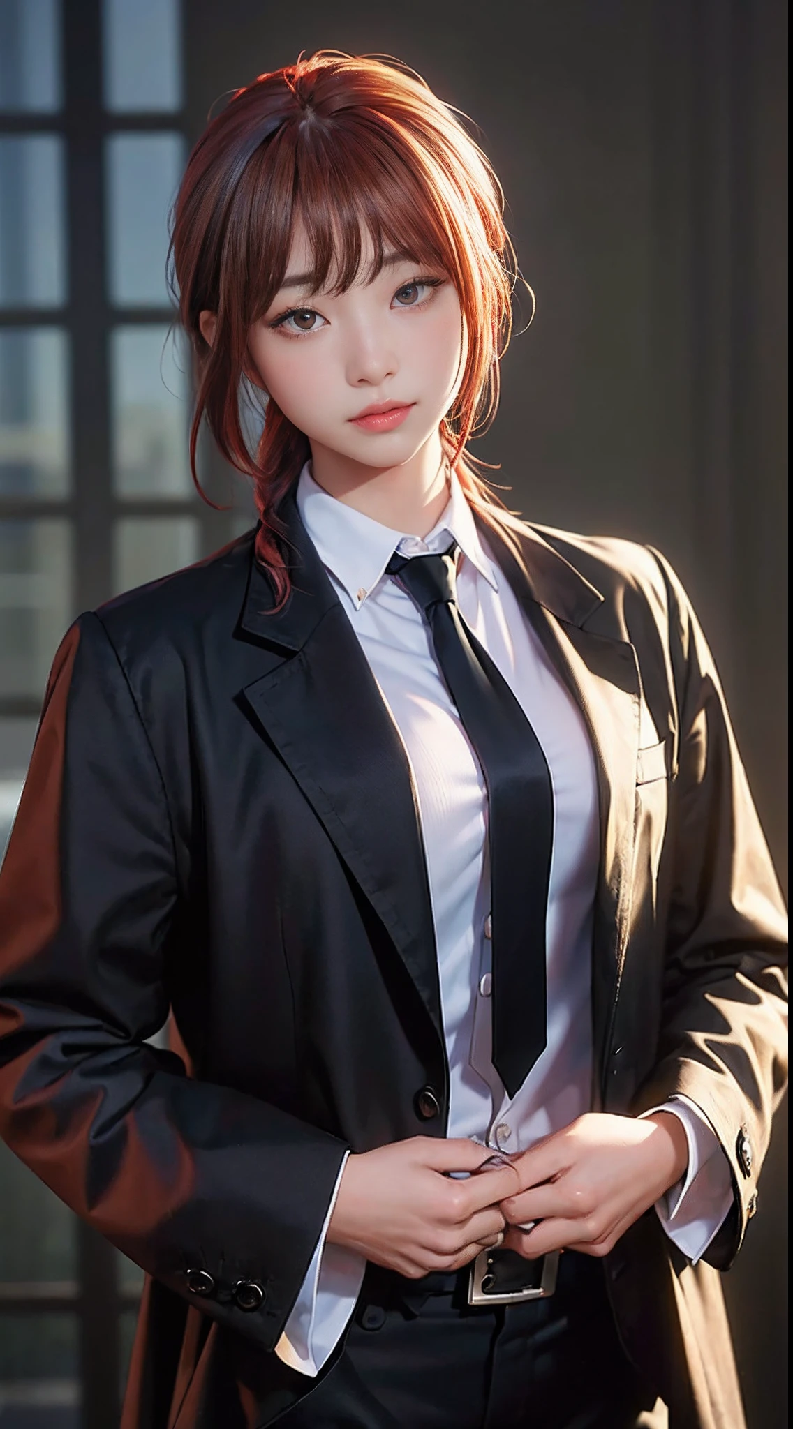 (masterpiece, best quality:1.2), cowboy shot, solo, 1girl, makima, expressionless, closed mouth, looking at viewer, braided ponytail, ringed eyes, formal, coat, collared shirt, black necktie, black pants, hannds in pocket, red hair, big boobs