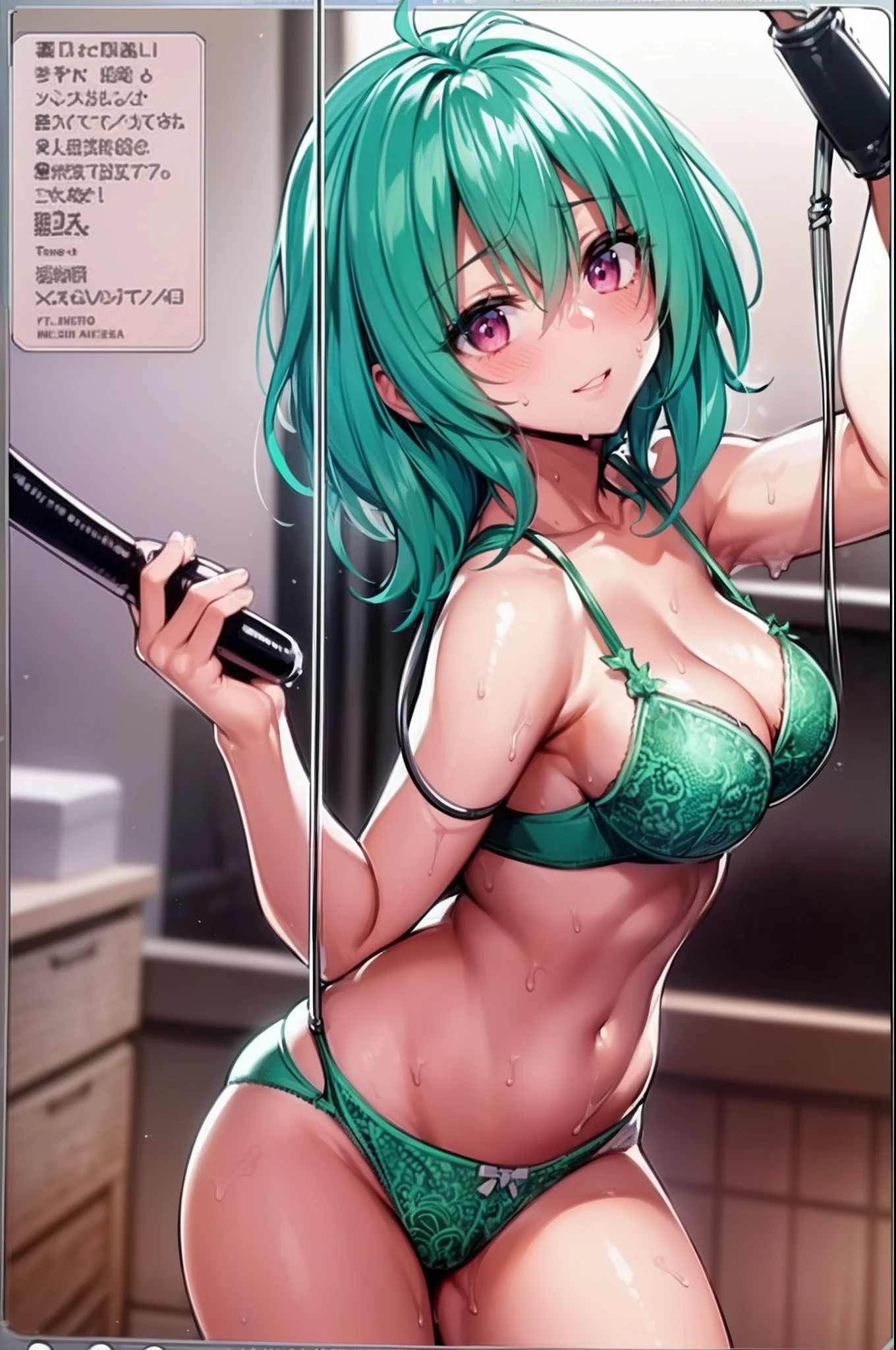 (((Sexy underwear figure))), ((Mass sweat)), ((Have a whip)), Emerald green color hair, short-hair, The highest image quality, hightquality, high detailing, 超A high resolution, 8K, depth of fields, Cinematography, intricate detailes, Elaborate, meticulous, Magnificent, Maximum Detail, Extreme beauty