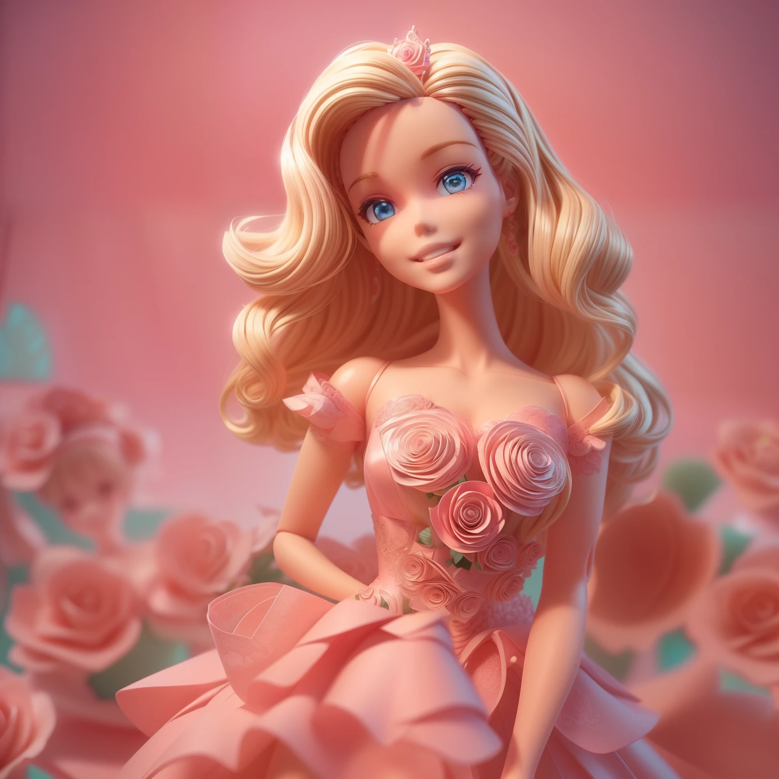 Movie Angle,( Cute Barbie,Blonde wavy hair,Anatomically correct,full bodyesbian,Masterpiece pink rose set,pink back ground,Beautiful pink princess dress,high-heels,Smile),(illustration,paper art,a 3D render),(Extremely colorful, Best quality, high detal, Masterpiece, Cinematic lighting, 4K, Chiaroscuro)