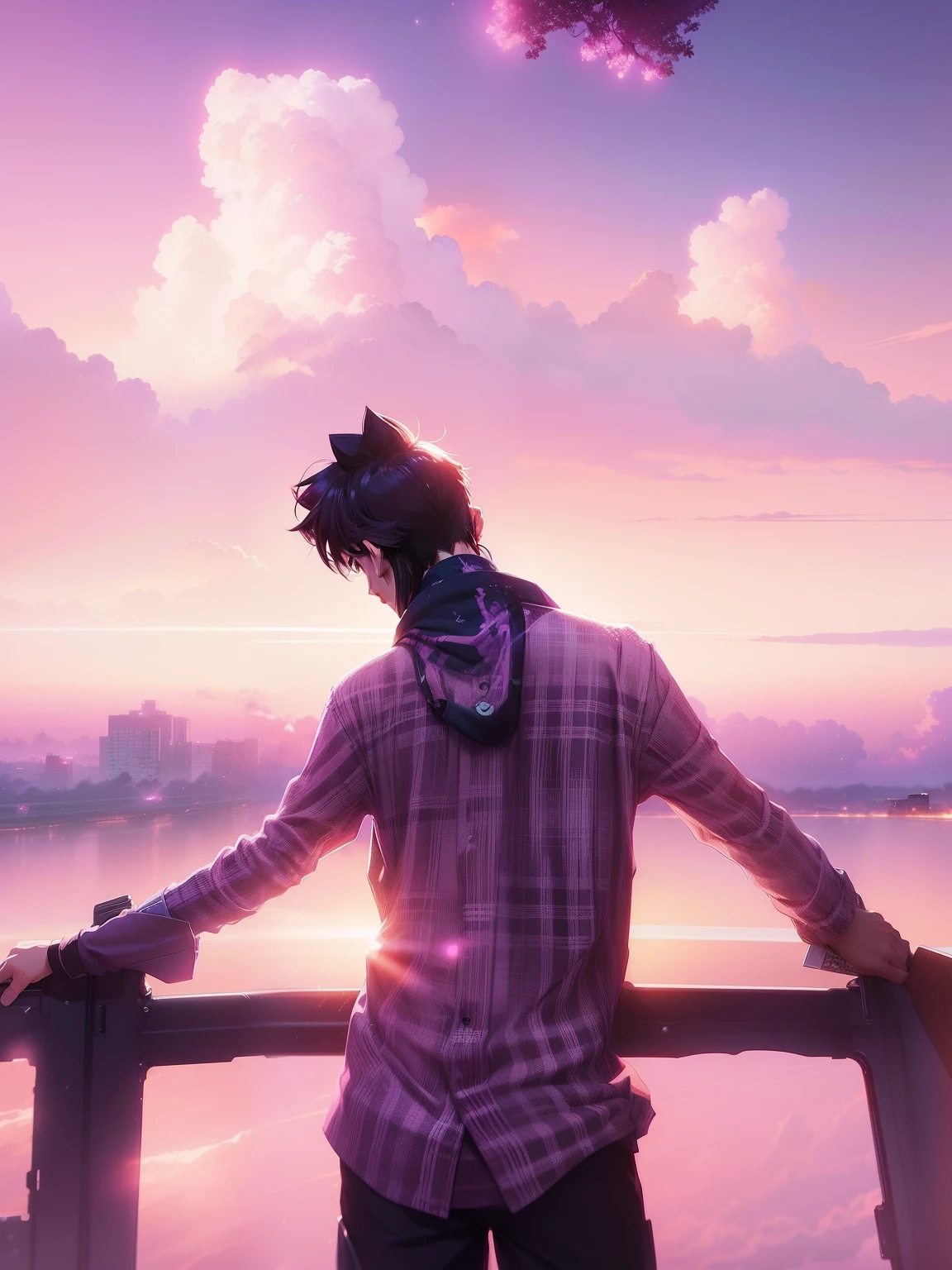 anime scene of a train passing under a pink and purple sky, beautiful anime scene, cosmic skies. by makoto shinkai, ( ( makoto shinkai ) ), by makoto shinkai, by Makoto Shinkai, anime background art, style of makoto shinkai, makoto shinkai. —h 2160, mokoto shinkai