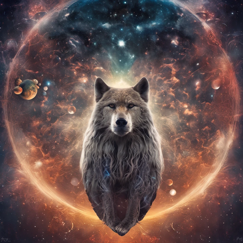 Best quality, Masterpiece, 超高分辨率, (photograph realistic:1.4), surrealism, Dream-like,fusionart,A werewolf stands in front of a space full of planets, Your mind is thinking about eternity, Consciousness projection, The face melts in the universe, they reach into his mind, The rise of consciousness, Increased awareness, Mind exploration, The pull of consciousness, Infinite consciousness, cosmic enlightenment, On the starlight plane ) ) ), A cross-dimensional existence, Distributed awareness