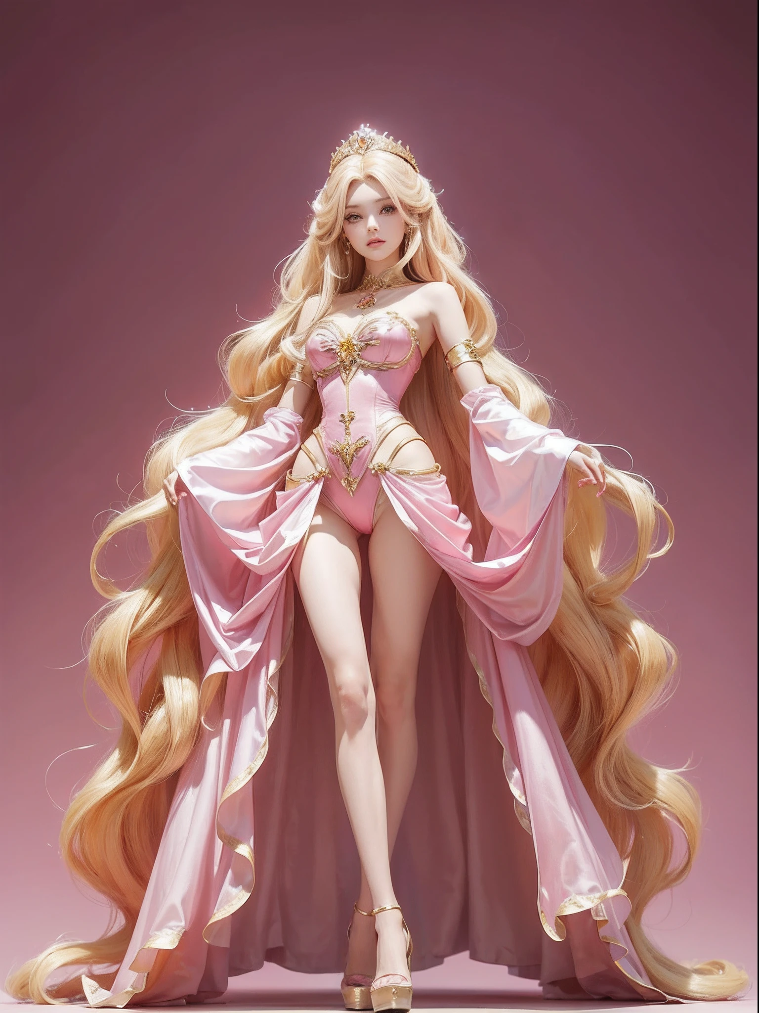 (Pinkish background:1.5),barbiecore,A princess,(cabellos largos dorados:1.5)cabellos largos dorados,Kizi,delicated face,a very thin waist,plumw,Sexy long legs,Crystal shoes,Golden hair,standing on your feet,Pinkish background