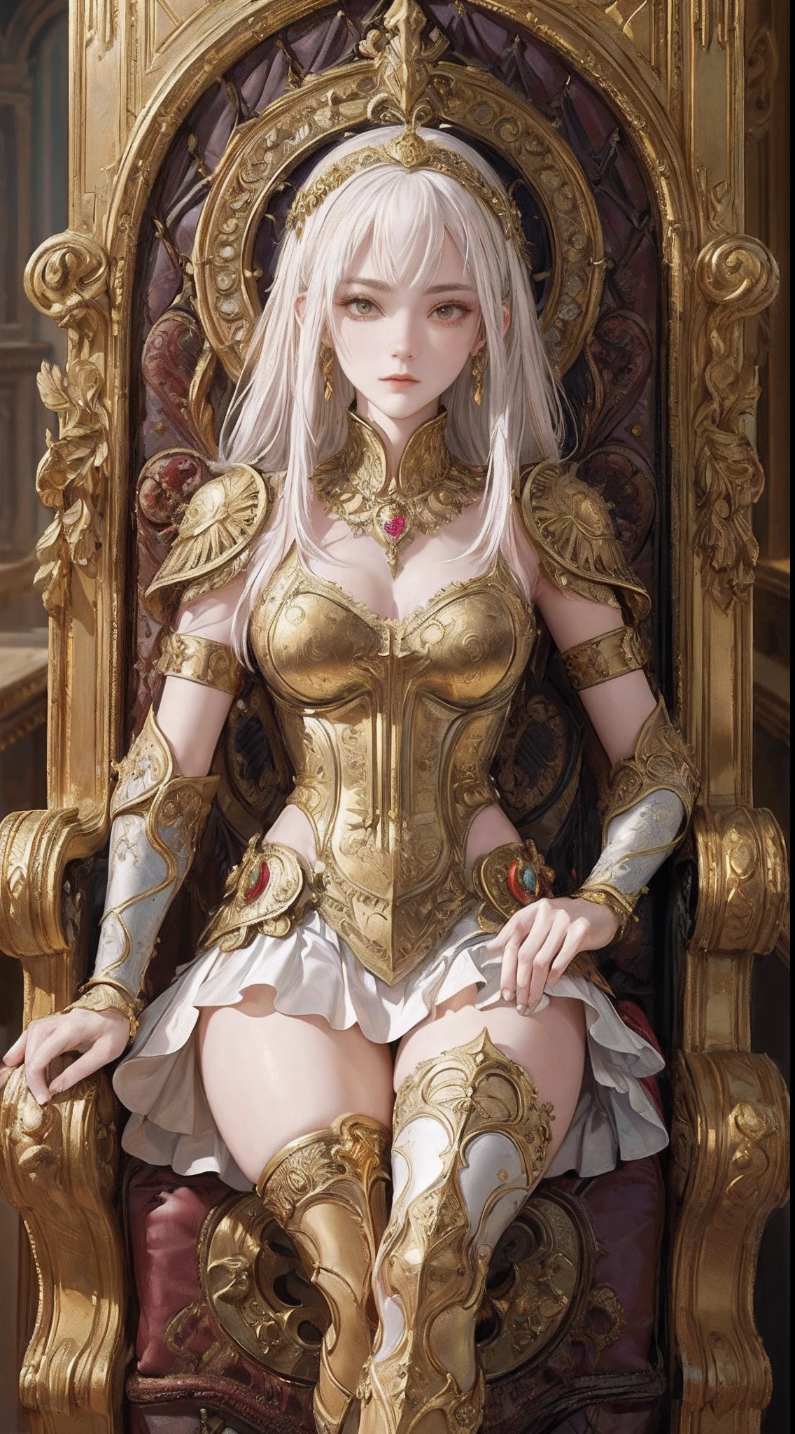 (((of the highest quality: 1.4))),(unparalleled masterpiece ever), (Ultra high definition),(Ultra realistic 8K CG), (((adult body))), (((1girl in))), ((( Short ponytail hair ))), perfect bodies,,Beautiful and well-groomed face, (muscular body:1.4), (Saint Seiya God pegasus cloth, headgear, white hair ornament), Detailed breastplate, gauntlets、is standing, (Image from head to thigh),(( White Blonde Shorthair )),, Simon Bisley's urban savage style,Detailed ancient Roman background,Clean abs, Complex equipment, gold with blue stars and gold and blue stripes, pegasus cloth armor, Poison tattoo, (Thin pink lips: 0.8), (((sitting chair)))