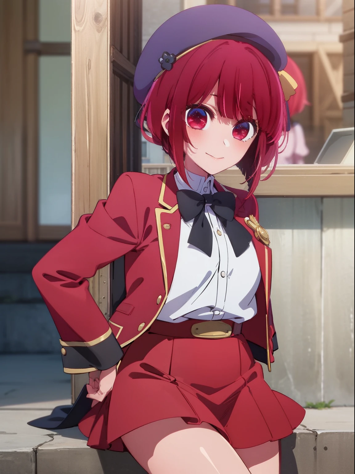 masterpiece、ighly detailed、(1 girl in:1.2)、Red hair、Learn uniforms、big eye、a closeup、A smile、8K、short-hair、beret、(((anime styled)))、Shining eyes