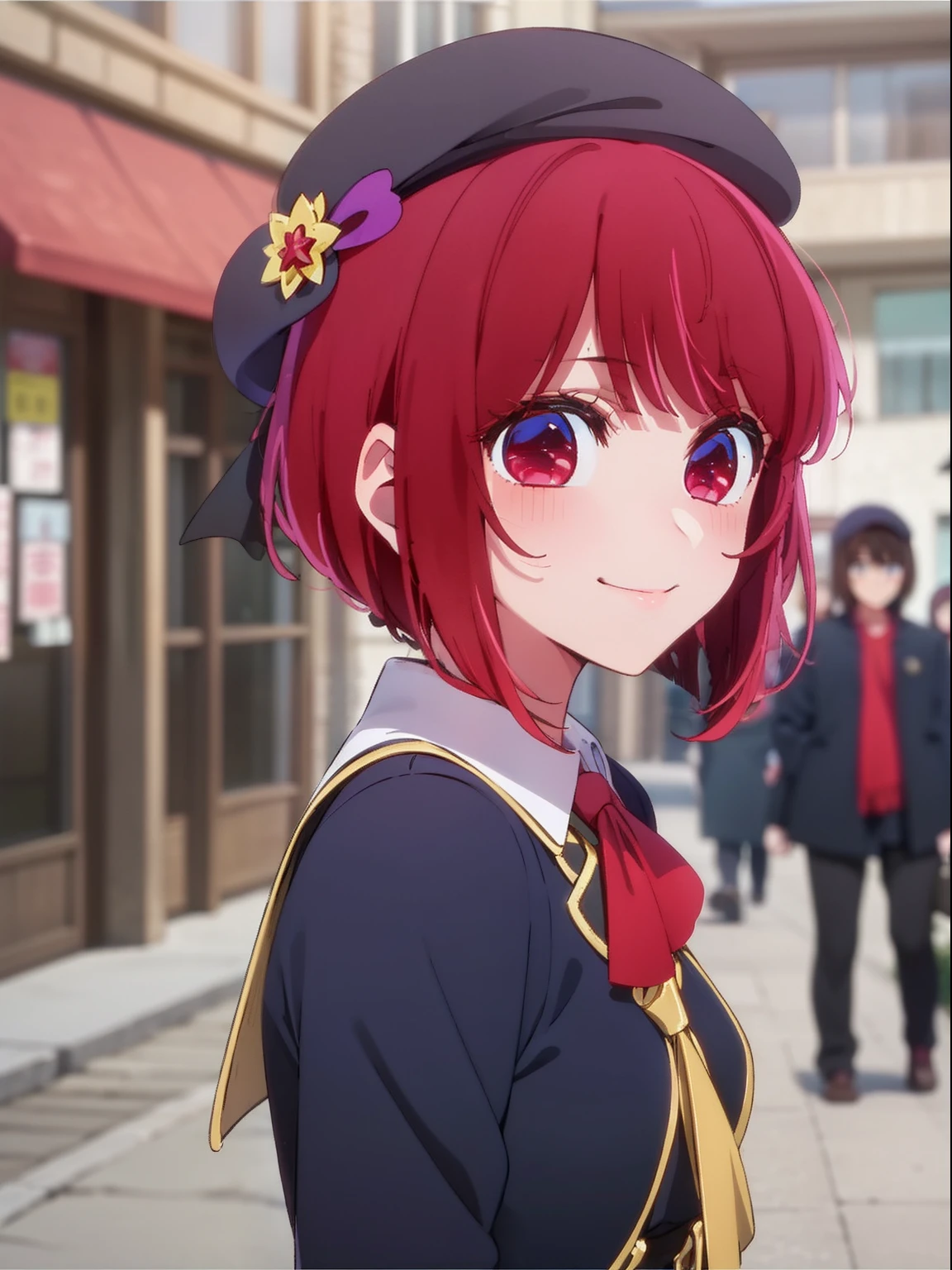 ​masterpiece、ighly detailed、(1 girl in:1.2)、Red hair、Learn uniforms、big eye、a closeup、A smile、8K、short-hair、beret、(((anime styled)))、Shining eyes