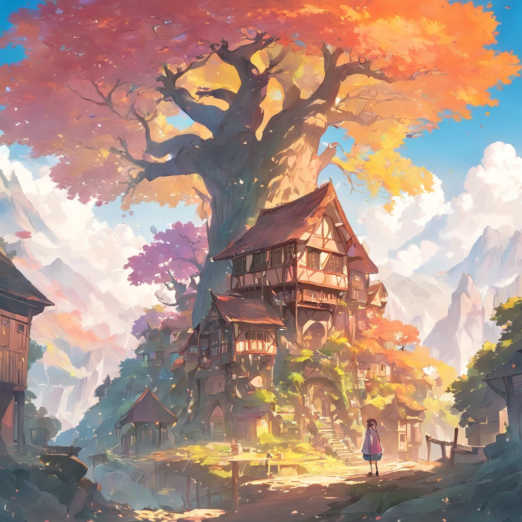 "A towering tree with vibrant rainbow-colored leaves, casting its majestic shadow over an enchanting fantasy village."
