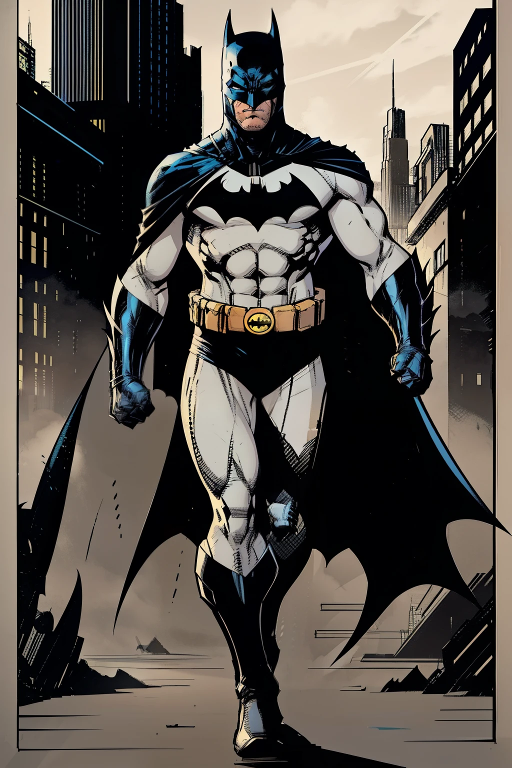 Generate an uncolored comic-style image of the character named Batman in full body, from head to toe, with no body parts cut off or extending beyond the frame. The image should have a comic book style, and Batman's iconic physical features, including his cowl, cape, and utility belt, should be clearly visible. Please set the image against a white background.