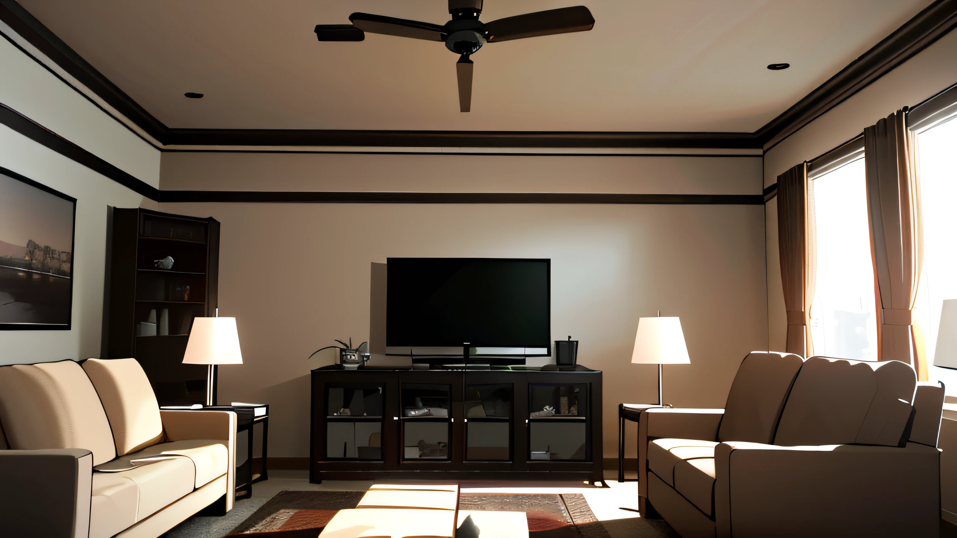 there is a living room with a couch, chair, coffee table and television, low ceiling, A ceiling fan, living room vibe, cinematic accent lighting, realistic 8k render, soft lighting 8k resolution, fresh modern look, soft lighting 8 k resolution, Natural lighting. 8 k'', ultrawide establishing shot, dramatic ambient light, wide view cinematic lighting