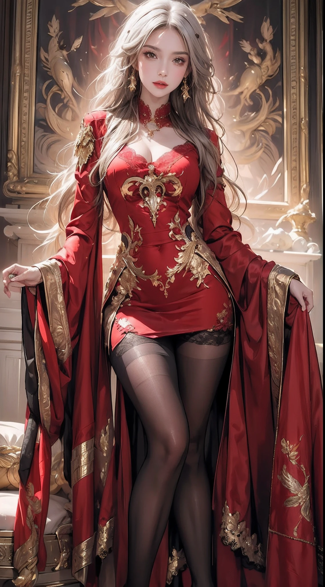 ((top-quality、masterpiece、photographrealistic:1.4、in 8K))、Beautuful Women、18year old、Beautiful expression、a blond、extremely detailed eye and face、beatiful detailed eyes、Formal Gloves、(Red luxury dress、Headdress in the style of medieval Europe)、RED dress、Luxury accessories、(Stroll through ancient European ruins。European style castle in the background)、Glass shoes、Cinematic lighting、Textured skin、Super Detail、high detailing、High quality、hight resolution、Looking at Viewer、Elegant smile、Full body、europian、a plant、ivy