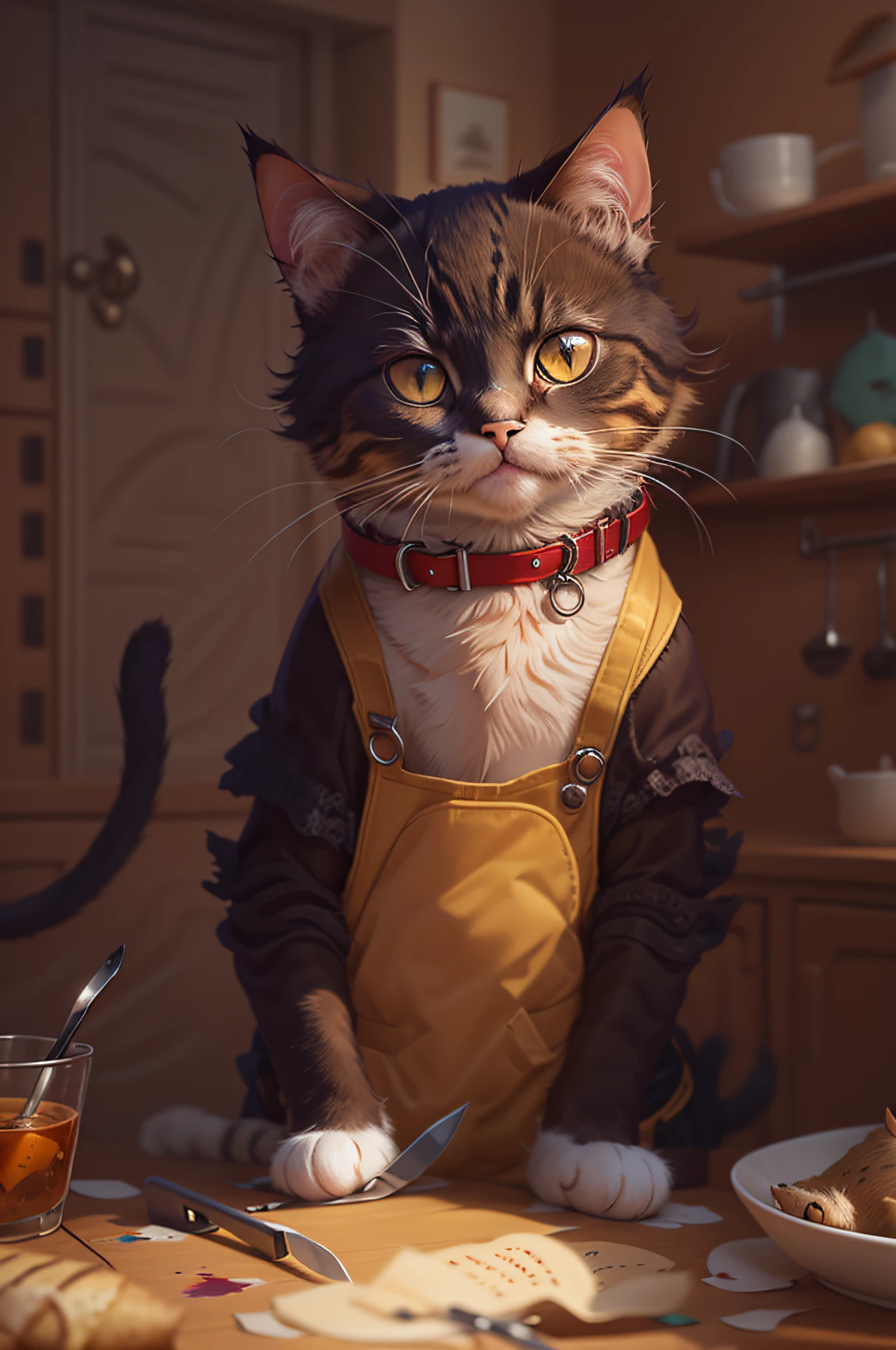 There is a cat that is sitting at a table with a knife, Arte digital altamente detalhada em 4k, arte digital detalhada bonito, stunning digital illustration, anthropomorphic cat, Arte digital detalhada em 4k, painting digital adorable, pintura detalhada 4K, bela arte digital, pintura digital altamente detalhada, anthropomorphic female cat, gato anime realista, gato blindado