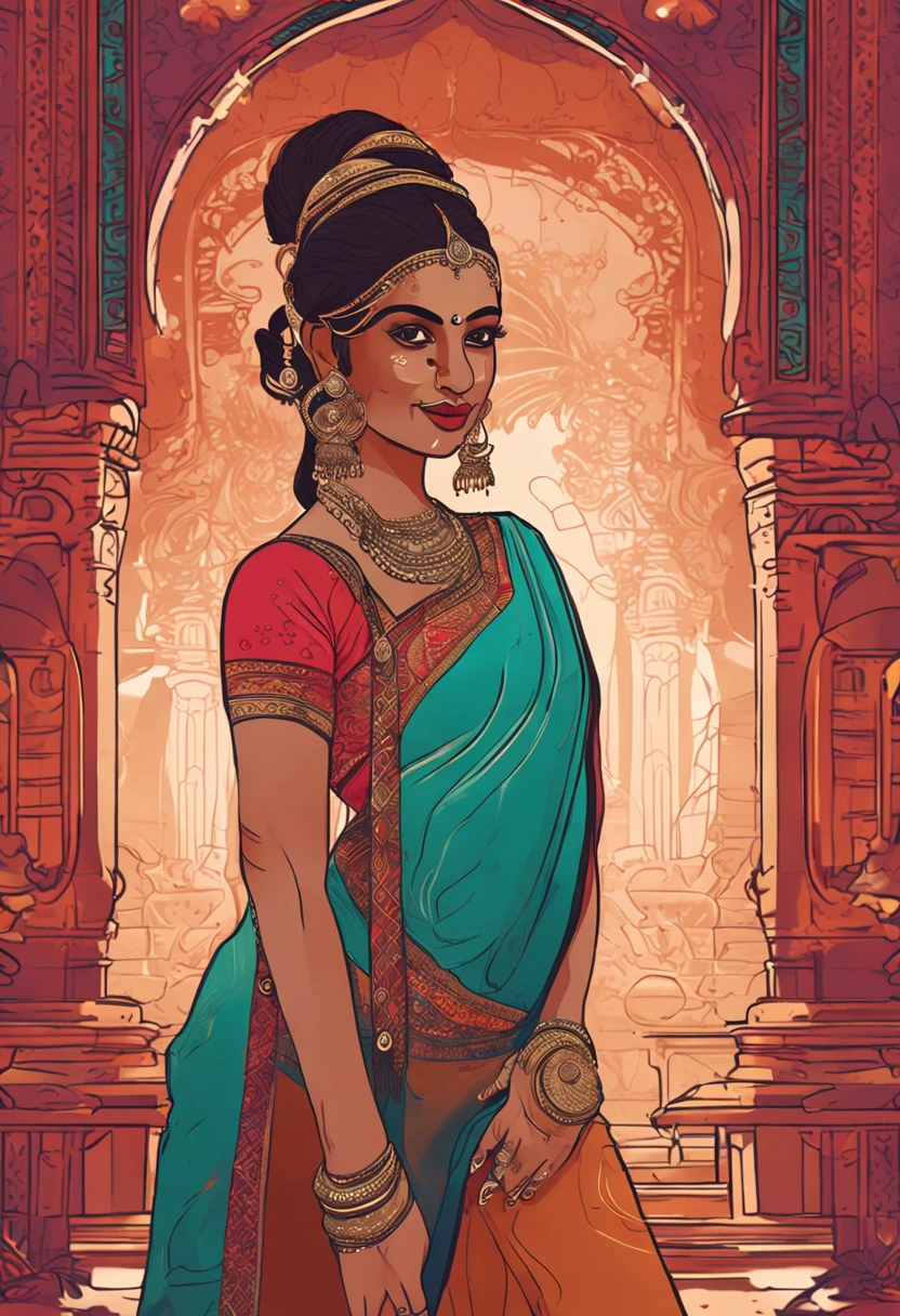 walking in a moonlit courtyard, exotic girl, indian, looking at the viewer, soft skin, natural lighting, the embodiment of grace and elegance, saari, (bikini), (Big Tits:1.3), clear curvy details, beautiful curves, detailed eyes, ornaments, nose pin, bangles, bun on head, hair bun, juda, jhumkas, bindi, choti, hair trails, red nails, wide hips, sheer transparent cloths, vibrant colors, full body pose, detailed pupil, Ultra Detailed, unity 8k wallpaper, ultra detailed, aesthetic, masterpiece, best quality, photorealistic