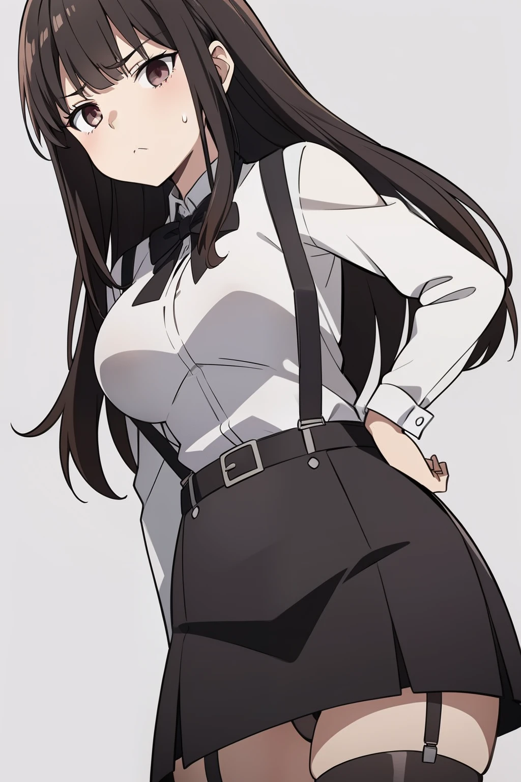 Black skirt, Cutter shirt suspenders, Brown hair Gray eyes, Garter belt on the legs, Tight clothes, a belt Armpit sweat deadpan large full breasts