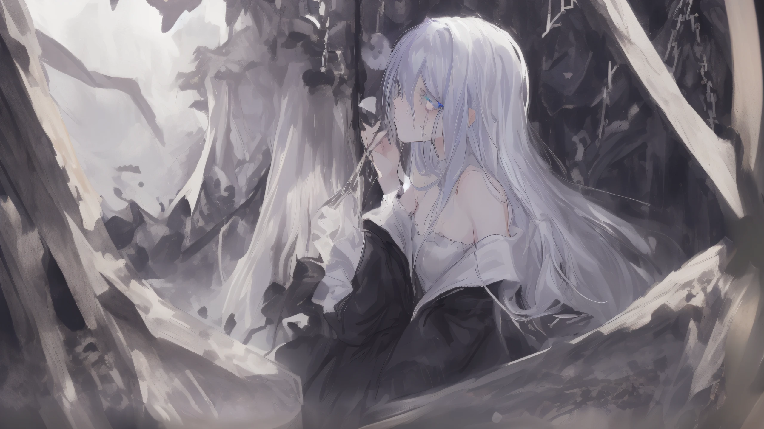 "Epic dark atmosphere, stunning 4k artwork featuring a mature woman with confident long  white hair and her two closed eyes with gently smile, she wear white dirty coat, and sit on floor, she blood crying, but still smile gently. Her face ?????????????"