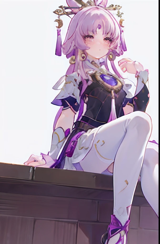 ((masterpiece,best quality)), highres, 1girl, fuxuan, closed mouth, cowboy shot, simple background, white background, blush, sitting, from below, no shoes
