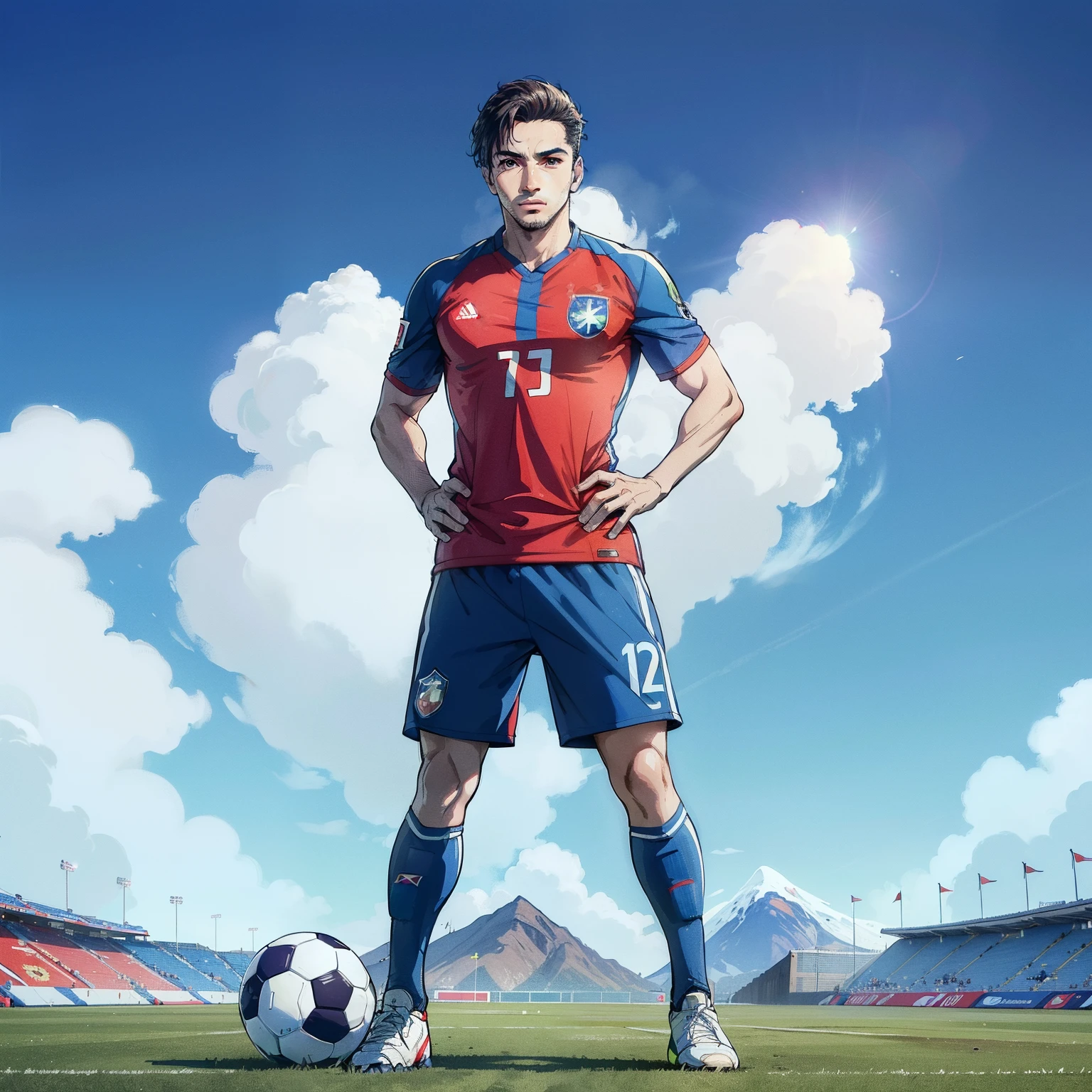 (best qualtiy，Highest high resolution) Chilean male football player, (((official soccer chilean national team))), Clear facial expressions，eyes with brightness，young handsome，Sunny vitality，Tall stature，Robust and strong, ((full body))