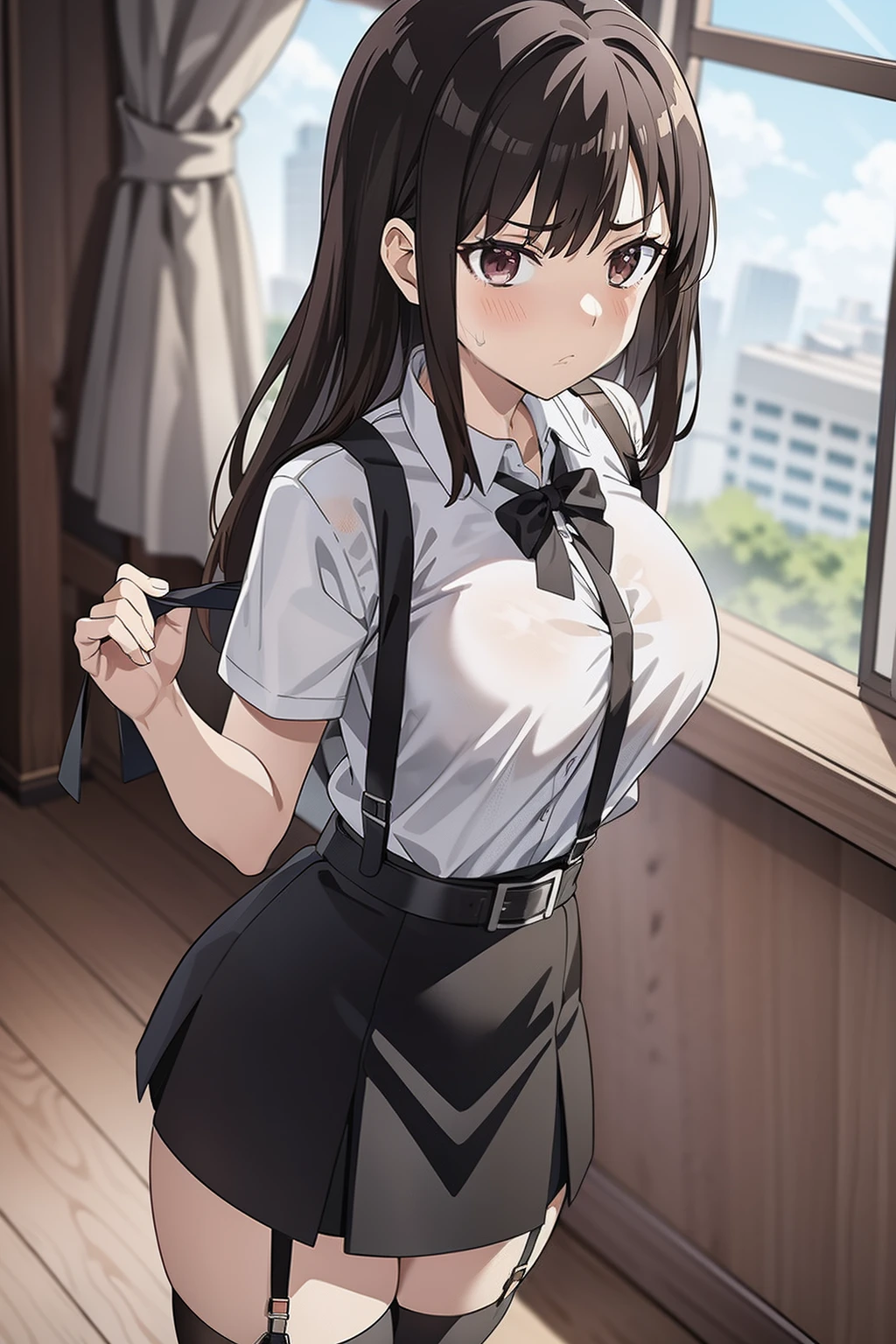 Black skirt, Cutter shirt　suspenders, Brown hair Gray eyes, Garter belt on the legs, Tight clothes, 　　 a belt　Armpit sweat　　deadpan　large full breasts