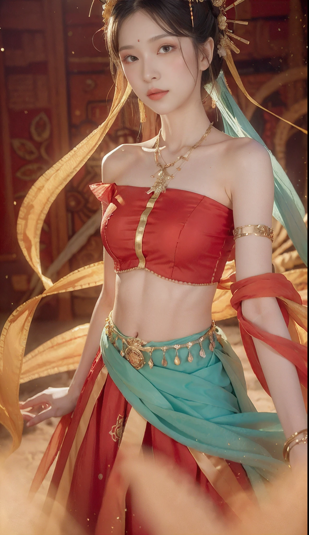 (8k, RAW photo, best quality, masterpiece:1.2), (realistic, photo-realistic:1.4), (extremely detailed CG unity 8k wallpaper), (1 girl:1.5), Western beauty, (Red clothes: 1.4), red spots on forehead, pale skin, blush, big eyes, full body, thighs, open navel, gold waist chain, gold jewelry, flying ribbons, particles, background is Loulan ancient city, ancient city wall, desert, dance, dunhuang_dress, dunhuang_style,