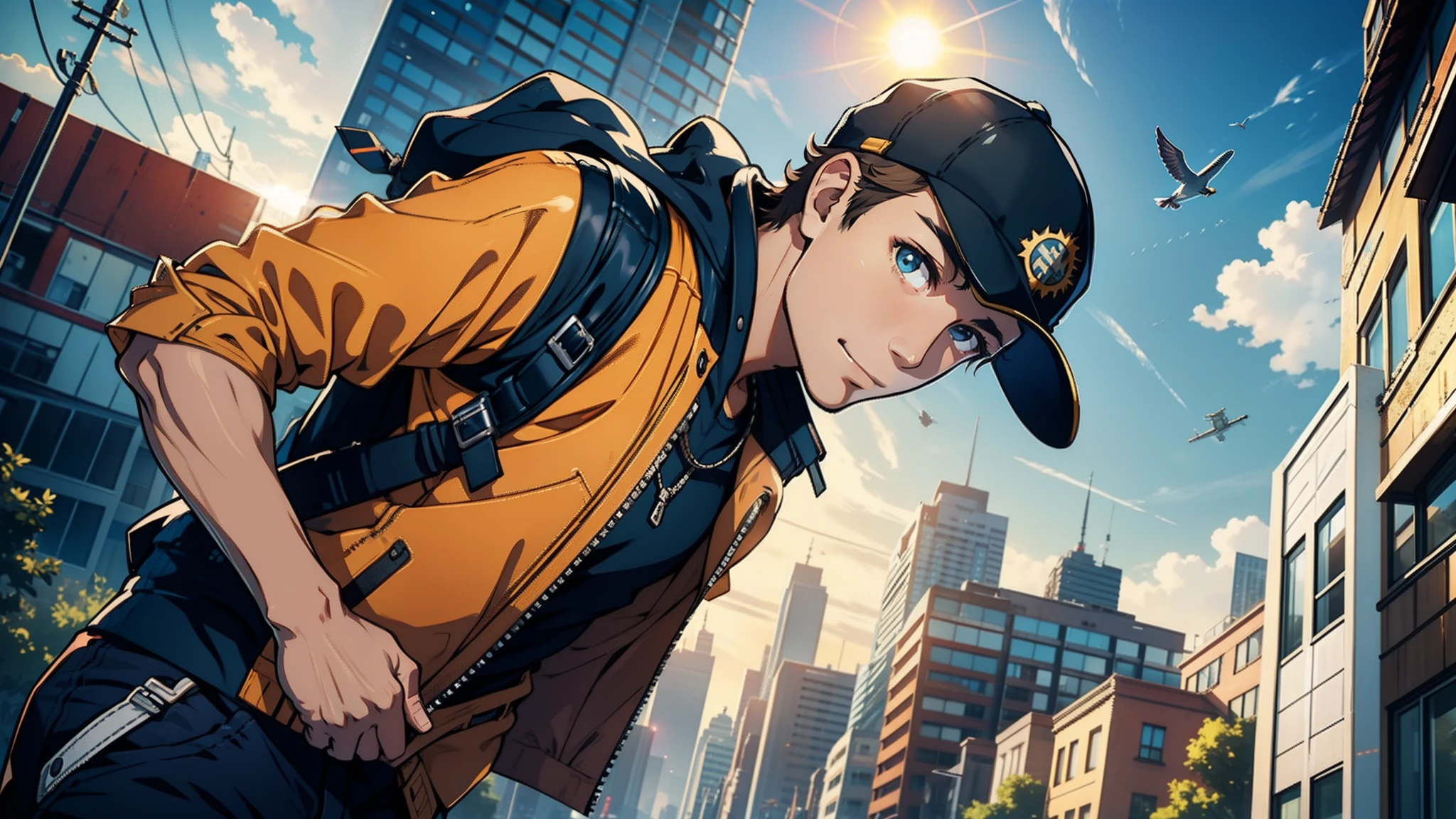 Urban treasure hunter,One guy,and the sun was shining brightly,Handsome face,Wear adventure clothes,A beautiful illustration