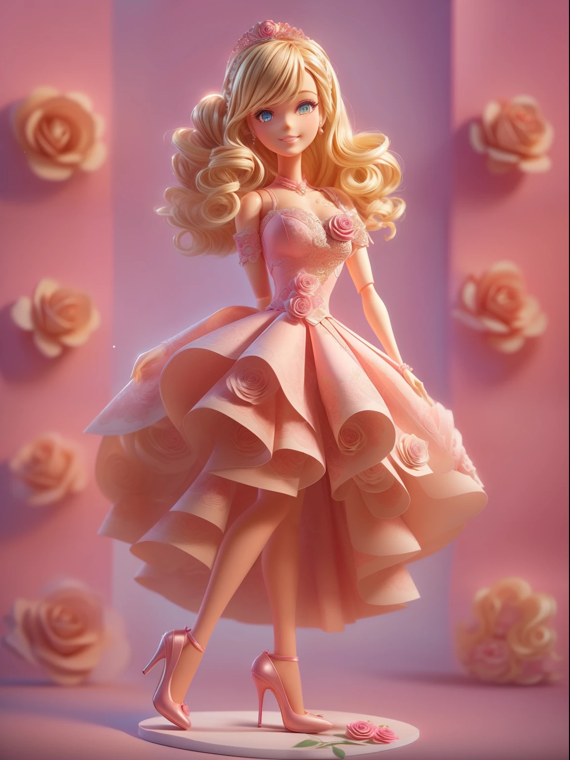 Movie Angle,( Cute Barbie,Blonde wavy hair,Anatomically correct,full bodyesbian,Masterpiece pink rose set,Pink rose background,Beautiful pink princess dress,high-heels,Smile),(illustration,paper art,a 3D render),(Extremely colorful, Best quality, high detal, Masterpiece, Cinematic lighting, 4K, Chiaroscuro)