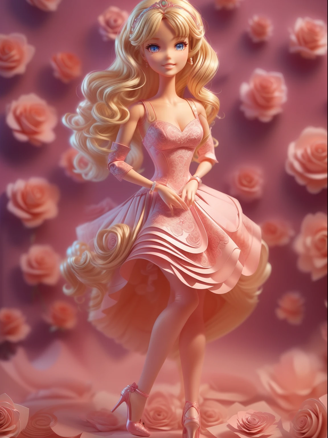 Movie Angle,( Cute Barbie,Blonde wavy hair,Anatomically correct,full bodyesbian,Masterpiece pink rose set,Pink rose background,Beautiful pink princess dress,high-heels,Smile),(illustration,paper art,a 3D render),(Extremely colorful, Best quality, high detal, Masterpiece, Cinematic lighting, 4K, Chiaroscuro)