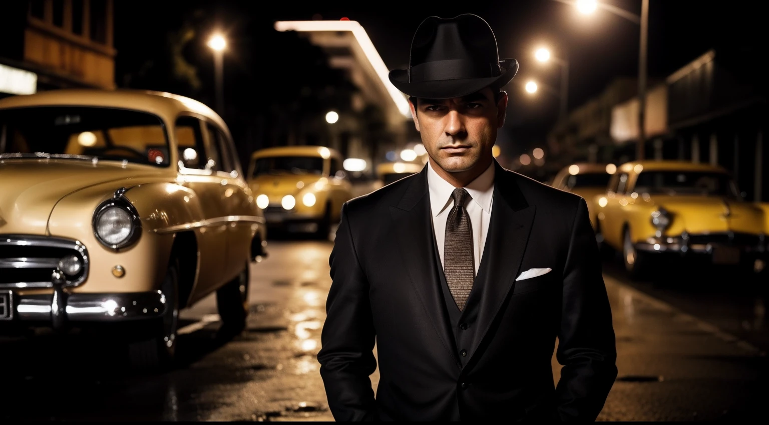 A member of the '50s mafia, a man with an imposing and scowling appearance. He's tall, de ombros largos e vestido com um elegante terno de corte perfeito, Fedora, portanto,. Your hair is combed back with gel, revealing a serious forehead and piercing eyes.

[2] The suit is dark, Sober color, with a thin tie and a silk scarf in his jacket pocket. Um distintivo de ouro brilha em sua lapela, indicating his position in the mafia hierarchy.

[3] The scenery is bleak, Wet city street at night. The light of a street pole casts long, Sombras misteriosas. Antique cars are parked along the street, and the glow of the windows of the nearby bars creates an atmosphere of clandestinity.

The atmosphere is tense, como se algo importante estivesse prestes a acontecer. The mobster character is standing, with his hands in his pockets, Looking at the horizon with a calculating expression.

[5] Estilo: fotografia em preto e branco, capturing the iconic aesthetic of the '50s. The dramatic lighting emphasizes the shadows and highlights the details of the costume and night set.

[6] --AR 16:9 --V 5