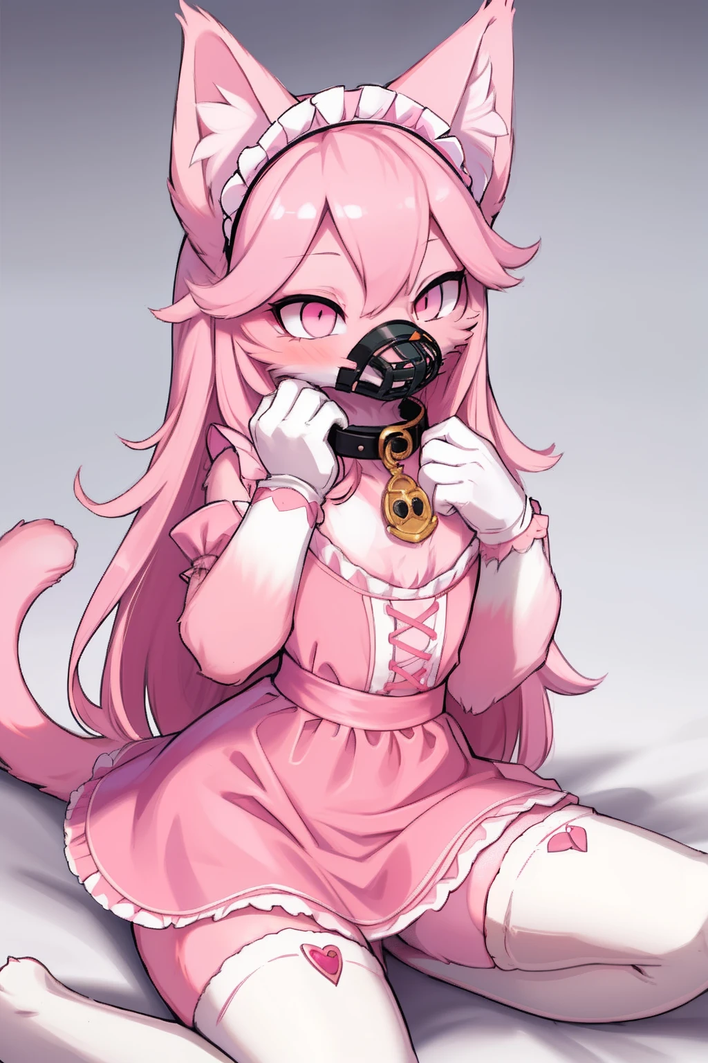 Master piece, perfect, highly detailed, (little hibryd anthro cat femboy), fluffy pink fur, ((pink eyes)), ((1))fluffy cat tail, pink long hair, tiny chest, (pink cat ears), wearing a pink collar, pink maid dress, silk white gloves, silk white thighhigh socks, wearing a pink muzzle, truemuzzle, eyesgod, niji, eyesgod, niji,