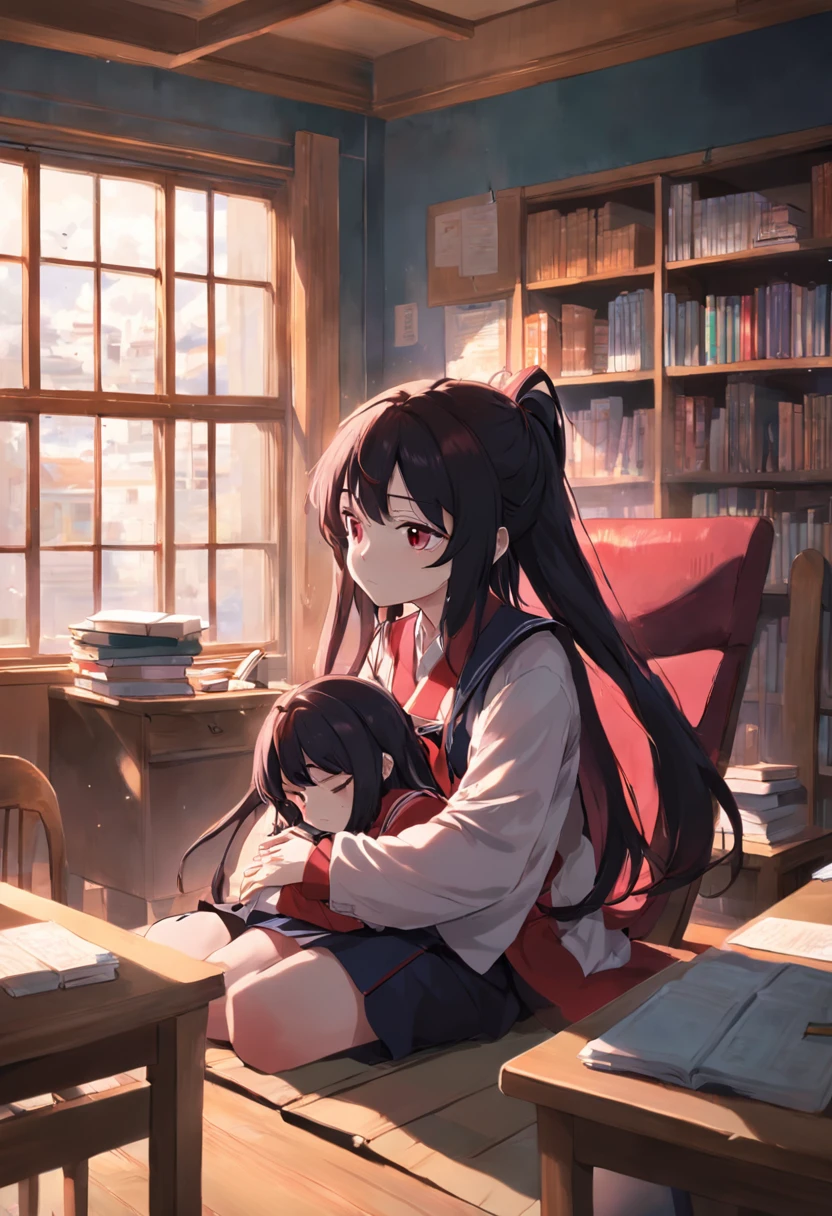 Anime girl with long black and red hair in class,The money in his hand crawled on the table and fell asleep,At the same table sat an anime boy with short black hair,Two high school students placed a stack of books in front of them,If it's a teacher,Sit in a window seat,The sun is shining outside the window