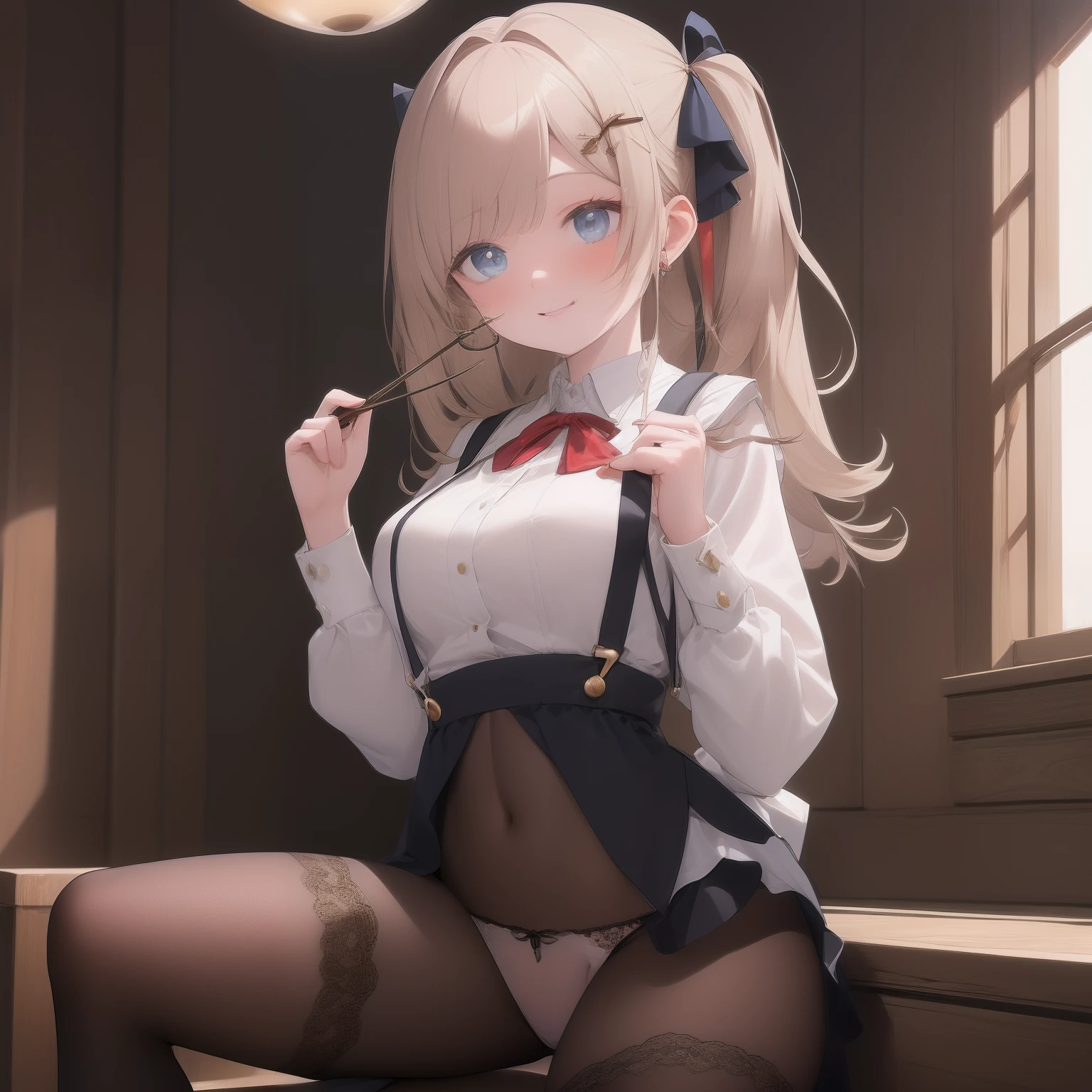 , max res, The is very detailed, profesional lighting, Clean skin, Slim, Extremely cute, Young face, Slightly smaller breasts, 1girll, bit girl, Be red in the face, embarressed, weeping, teardrop, female focus, Hair Bow, hair adornments, long whitr hair, Watch viewer, 校服, Naked shirt, nabel, brunette color hair, hair pin, dark strong blue eye, ssee-through, white shirt, transparent panty, Lace lace panties,suspender stockings,cleavage,brassier,navel,Sexual suggestiveness,Loves,,lacepantyhose,Thin leg,slimfigure,perspire,pantiess,lifting up skirt,Open breasts,Open thighs,is shy,cheerfulness,laughingly