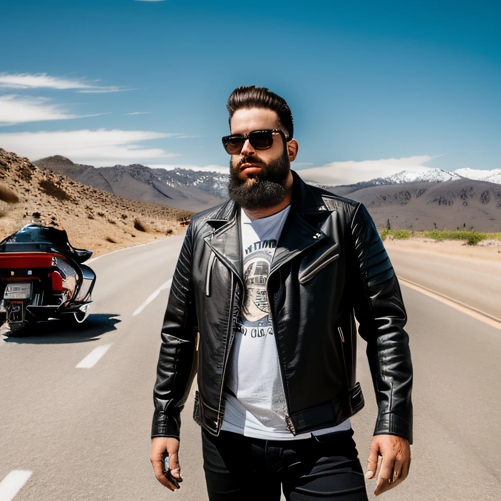Man with big beard and leather jacket T-shirt on the endless highway journey in Harley Davidson