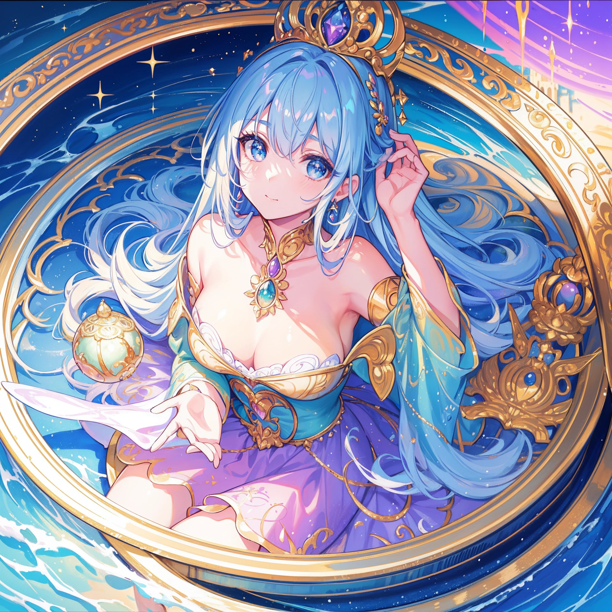 Masterpiece, Best quality, 8K resolution, Sharp focus, intricately details, Beautiful girl, Sparkling eyes, golden-ratio face, Otherworldly liquids, aquarelle, ((Pastel colors)), Bright colors, Whimsical, Colorful, Sharp focus, high resolution, finedetail, Princess dream ball dress, ((Round eyes)), Rainbow-colored bubbles, Castle view in the background