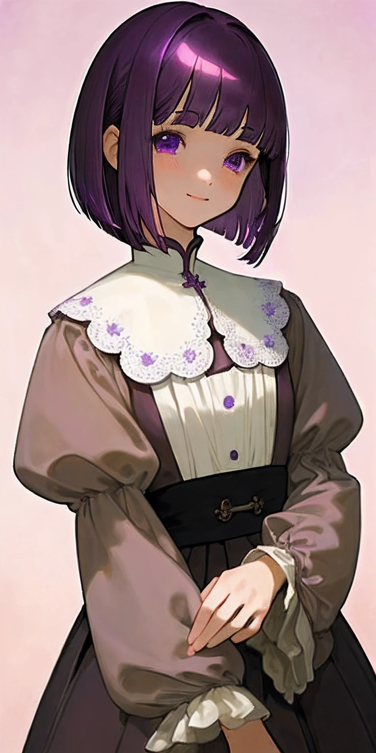 (​masterpiece、top-quality)、女の子 1 人、purple color  hair、Purple eyes、white backgrounid、Medium Hair、bob cuts、Gentle expression、Brown Parker、A slight smil、Delicate