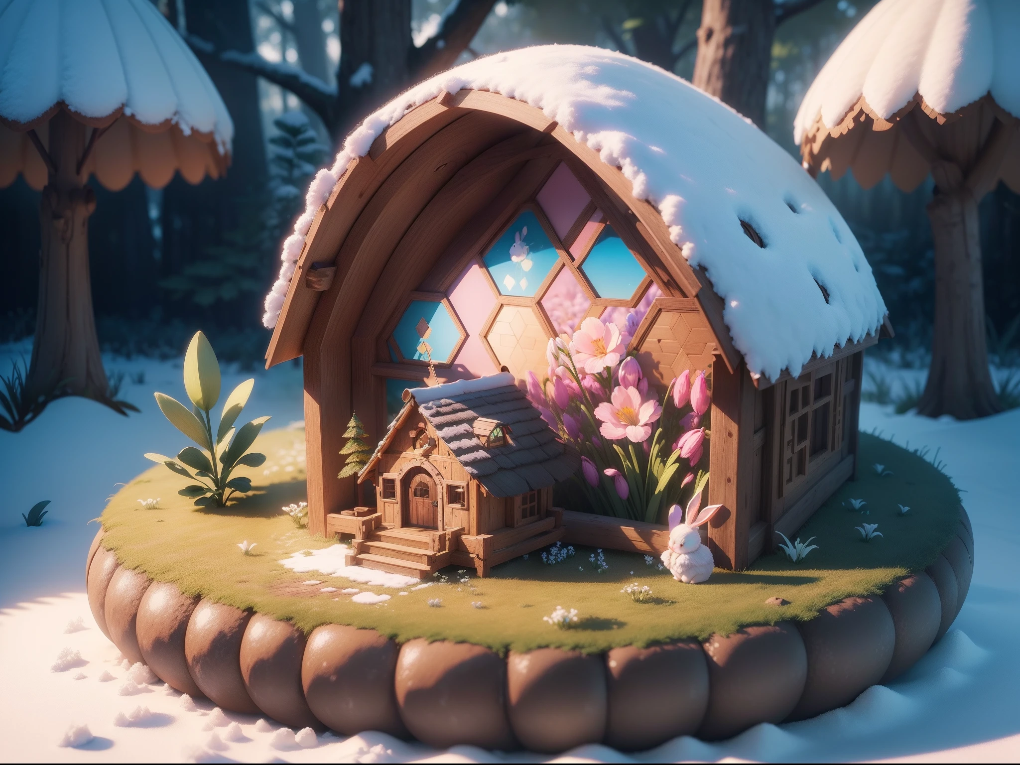 masterpiece, best quality, (extremely detailed CG unity 8k wallpaper), (best quality), (best illustration), (best shadow), A round beehive hut covered with snowdrop flower ,(Forest tree house),Hexagonal,pink and blue honeycomb decoration with little bunny,isometric 3D, octane render,ray tracing,ultra detailed