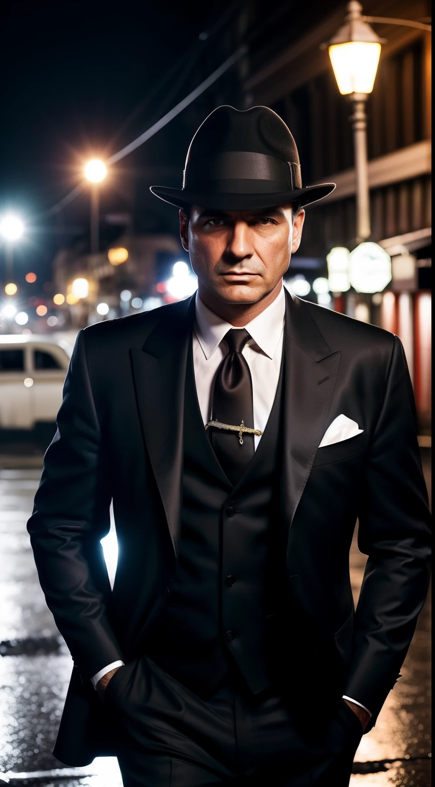 A member of the '50s mafia, a man with an imposing and scowling appearance. He's tall, de ombros largos e vestido com um elegante terno de corte perfeito, Fedora, portanto,. Your hair is combed back with gel, revealing a serious forehead and piercing eyes.

[2] The suit is dark, Sober color, with a thin tie and a silk scarf in his jacket pocket. Um distintivo de ouro brilha em sua lapela, indicating his position in the mafia hierarchy.

[3] The scenery is bleak, Wet city street at night. The light of a street pole casts long, Sombras misteriosas. Antique cars are parked along the street, and the glow of the windows of the nearby bars creates an atmosphere of clandestinity.

The atmosphere is tense, como se algo importante estivesse prestes a acontecer. The mobster character is standing, with his hands in his pockets, Looking at the horizon with a calculating expression.

[5] Estilo: fotografia em preto e branco, capturing the iconic aesthetic of the '50s. The dramatic lighting emphasizes the shadows and highlights the details of the costume and night set.

[6] --AR 16:9 --V 5