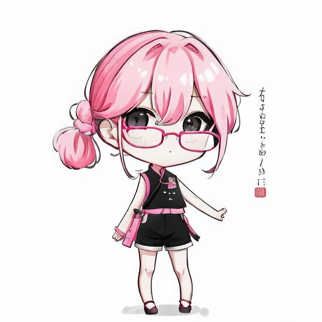 sleeveless、Pink glasses、chinese clothes、Pink-rimmed glasses、1girl in, Chibi, White background,Pink ponytail、Black shorts、 Single, Pink china clothes, Sleeveless、Standing, Sideways